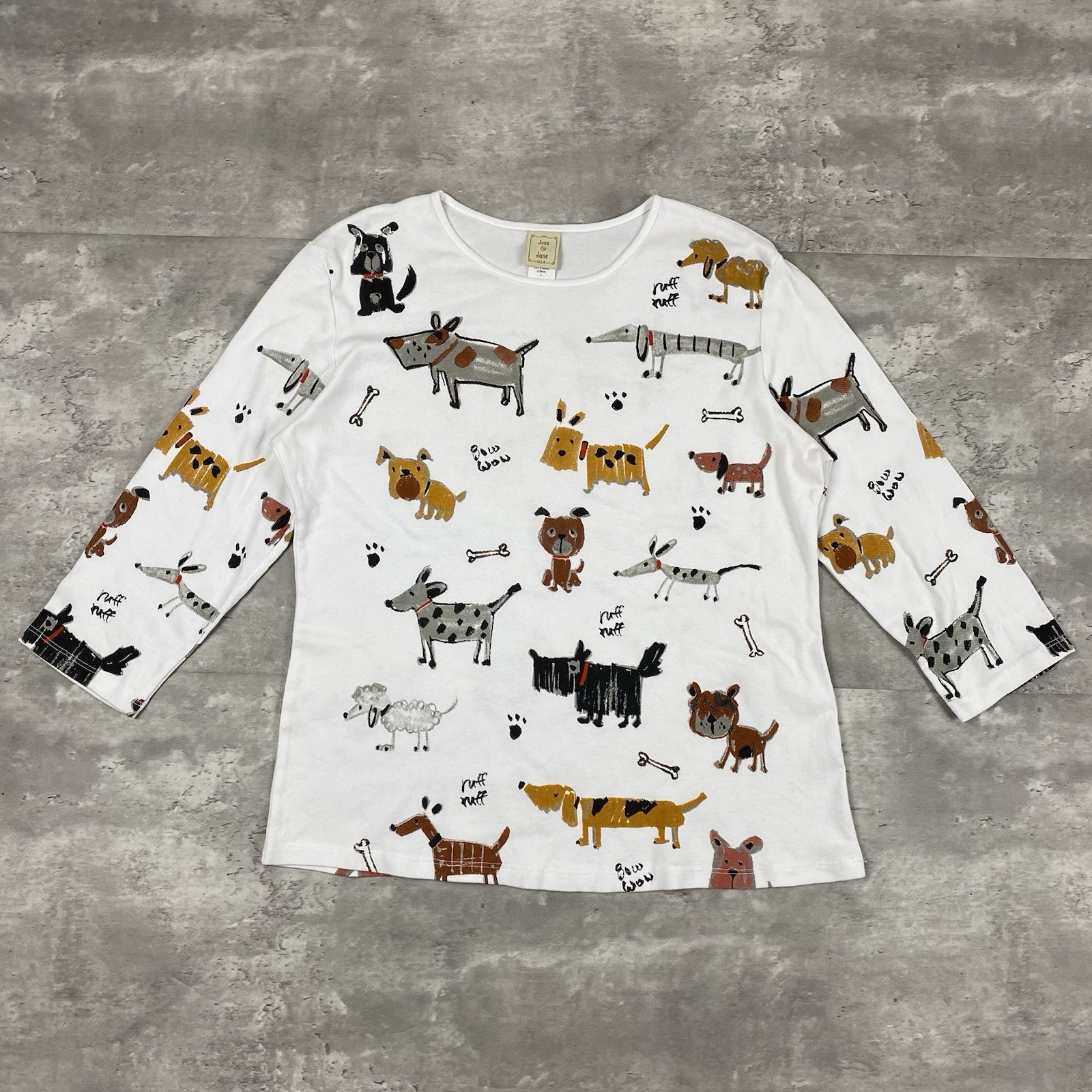 vintage JESS & JANE CRITTERS shirt Womens L y2k 2000s aop dog art drawing