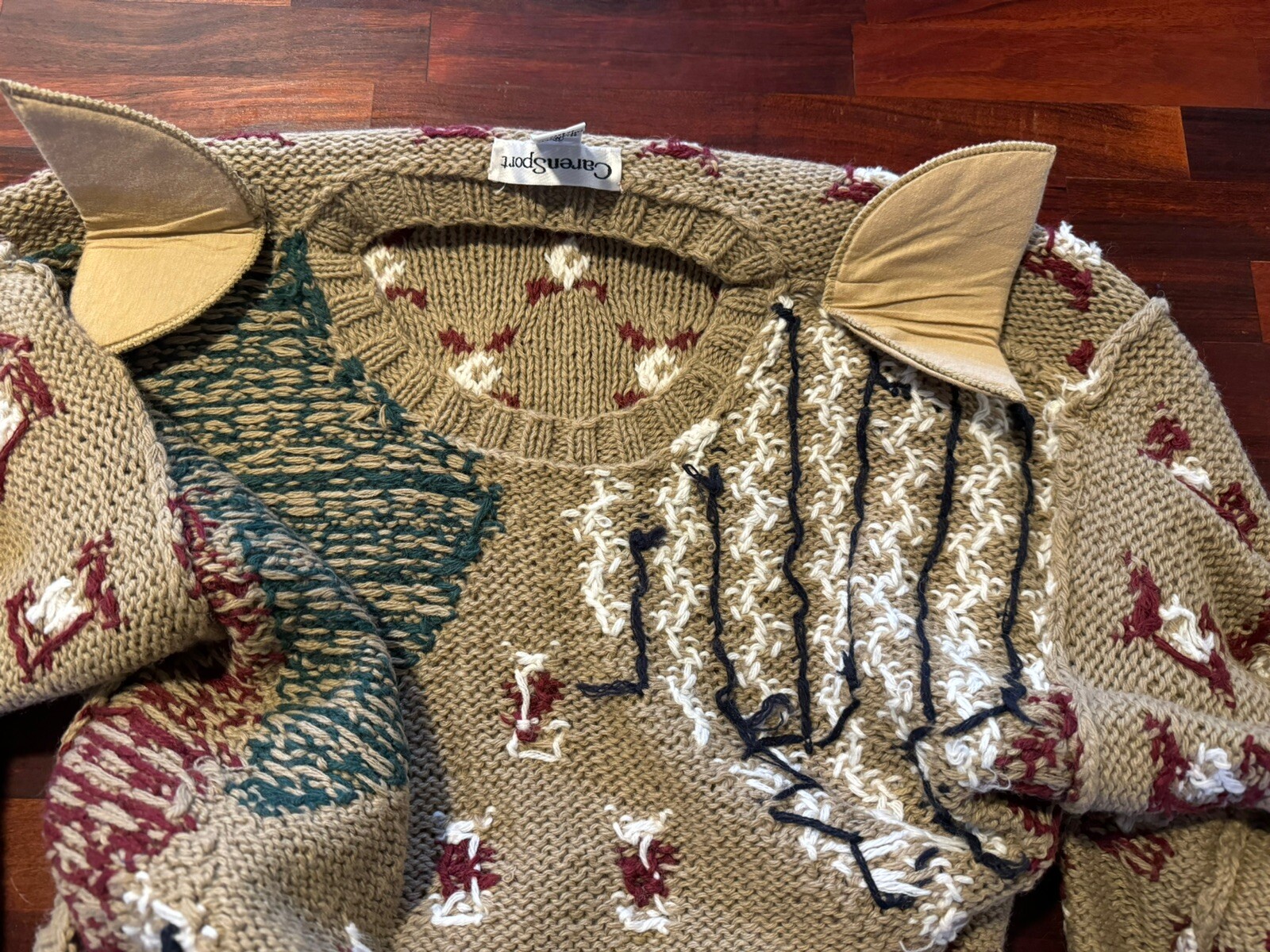 Vintage Chunky Knit Sweater Medium Caren Sport Cottagecore Tan Maroon Green