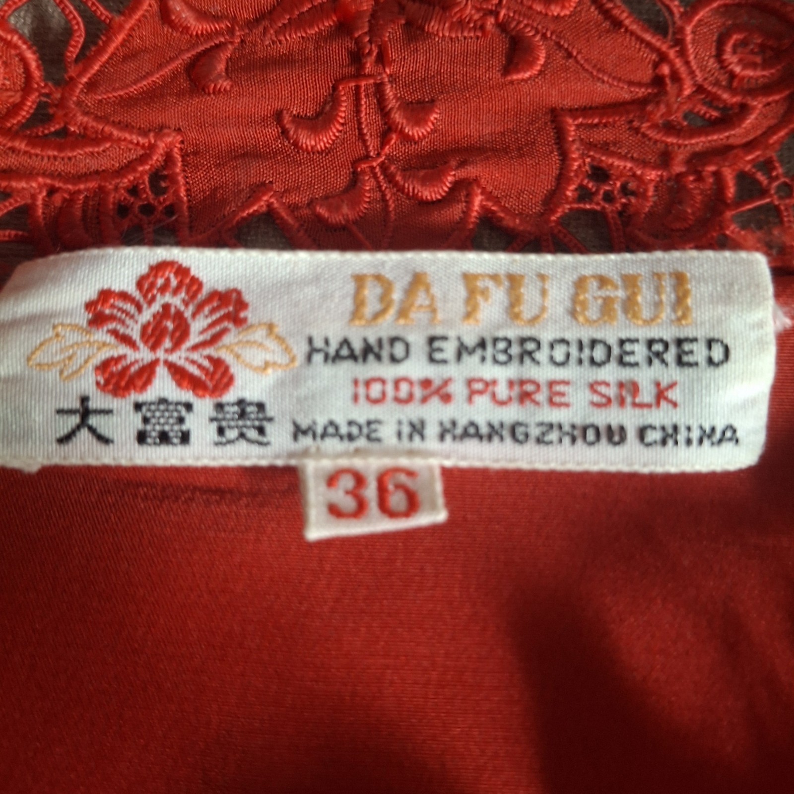 Vtg 60s Da Fu Gui Chinese 100% Silk Blouse Hand Embroidered Cut Work Red Sz 36