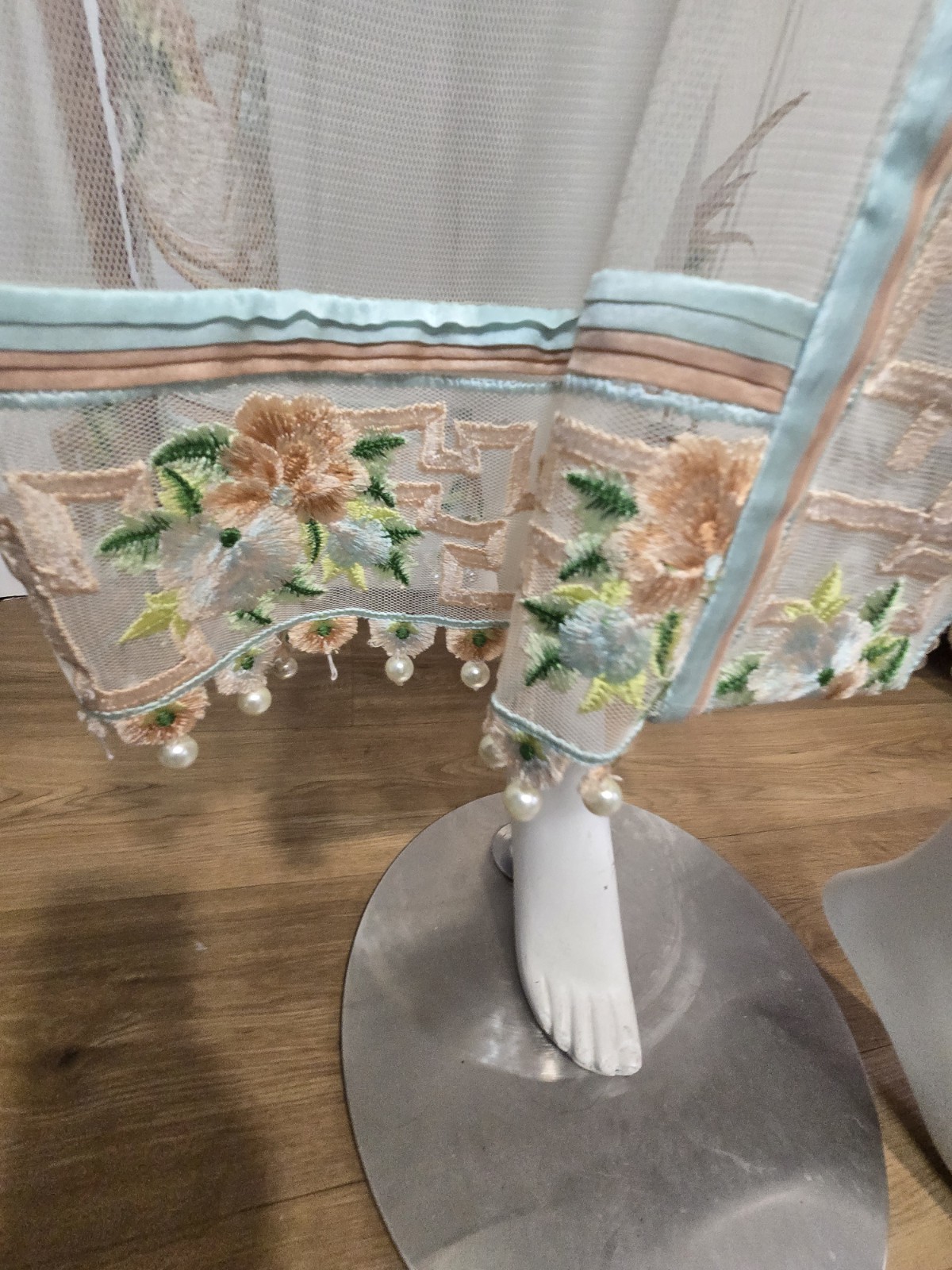 Vintage 20s/30s Sheer Art Deco Asian Style Embroidered Bridal Kinomo Faux Pearls
