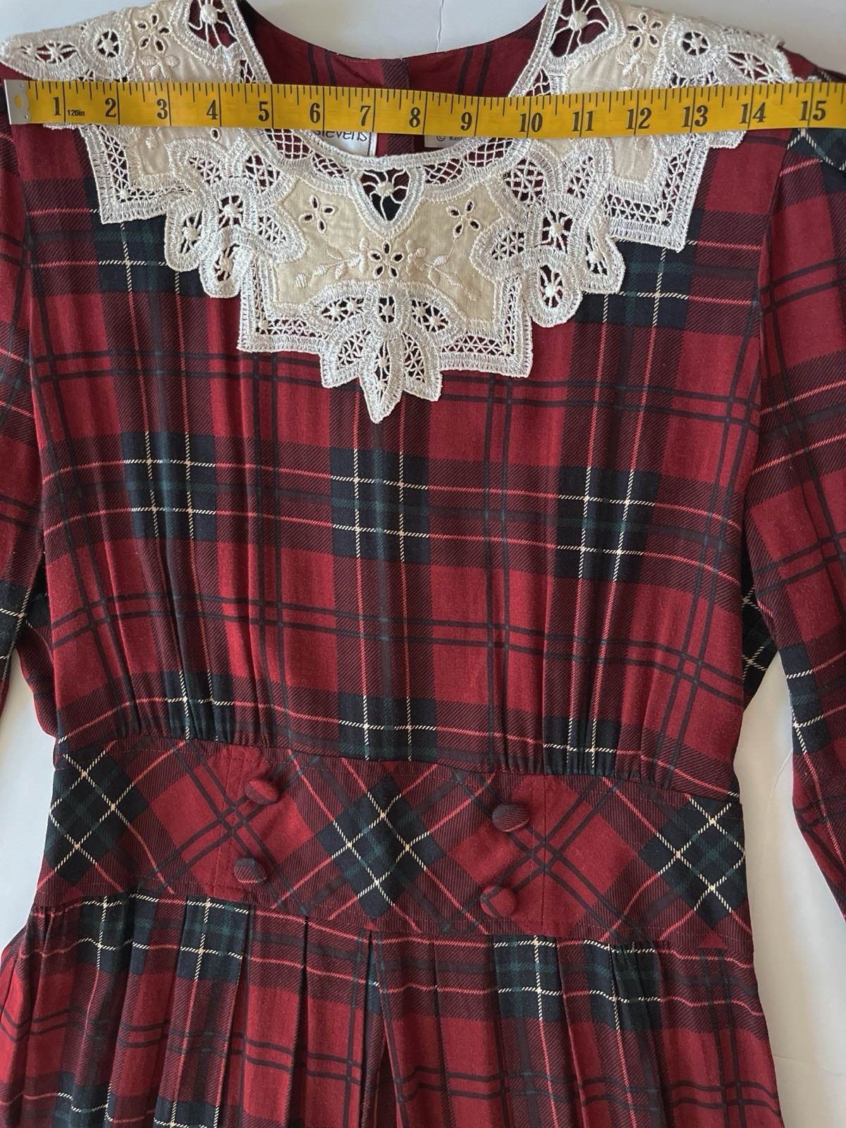 Karin Stevens VTG Dress S/M Petite Red Plaid Pleated Smocked Cottagecore