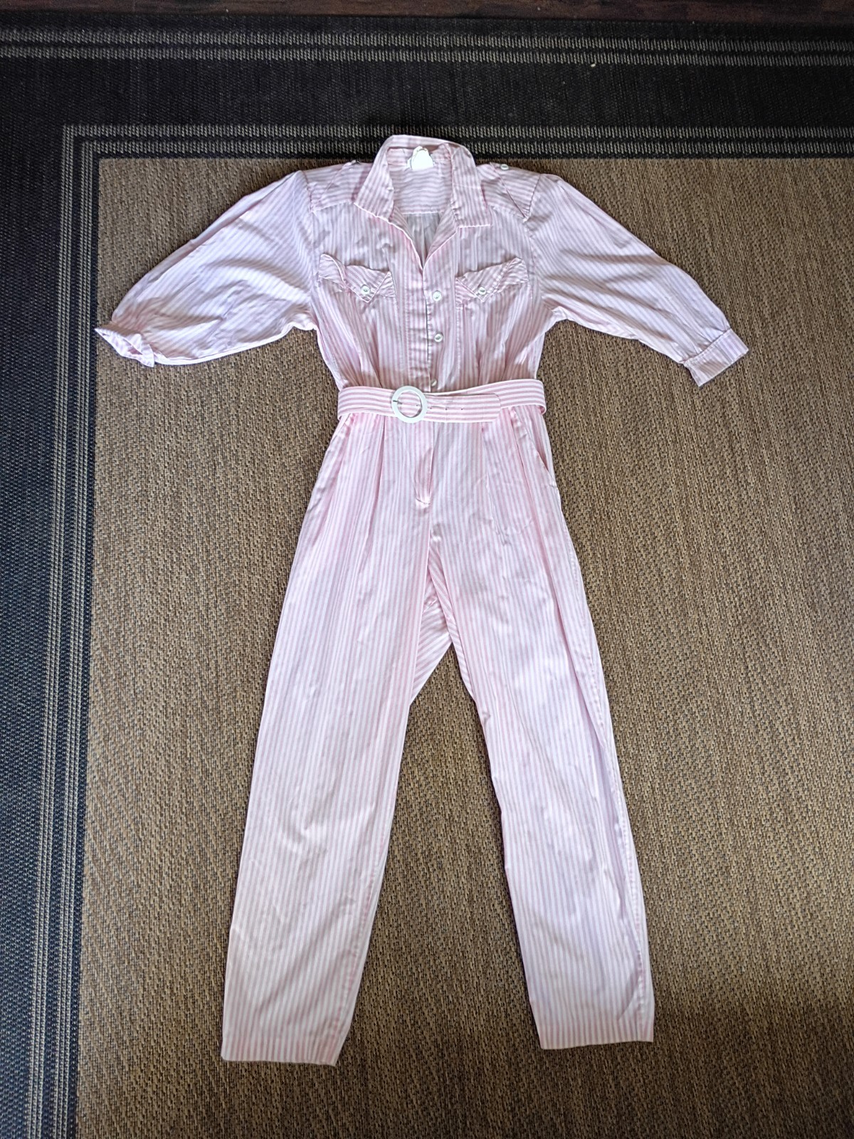 Women’s Vintage Size 11 or XL, 80’s Pink Stripes Jump Suit W/ Belt Algo-Ettes