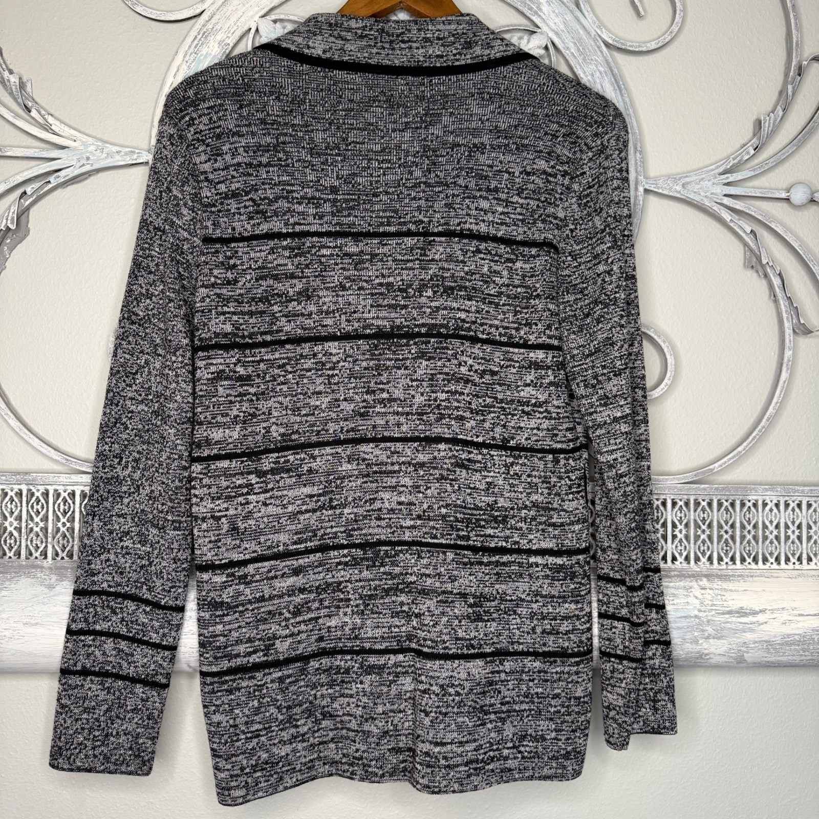Vintage Carnaby Knit Fashions Grey Marled Striped Wool Blend Cardigan Size 14