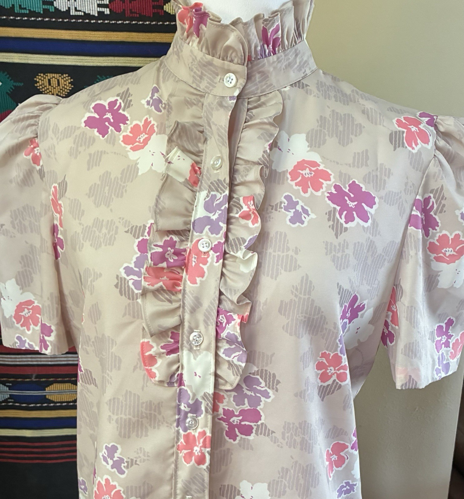 Vintage 80s Lucky Winner Ruffled High Neck Blouse Secretary Geek USA size M