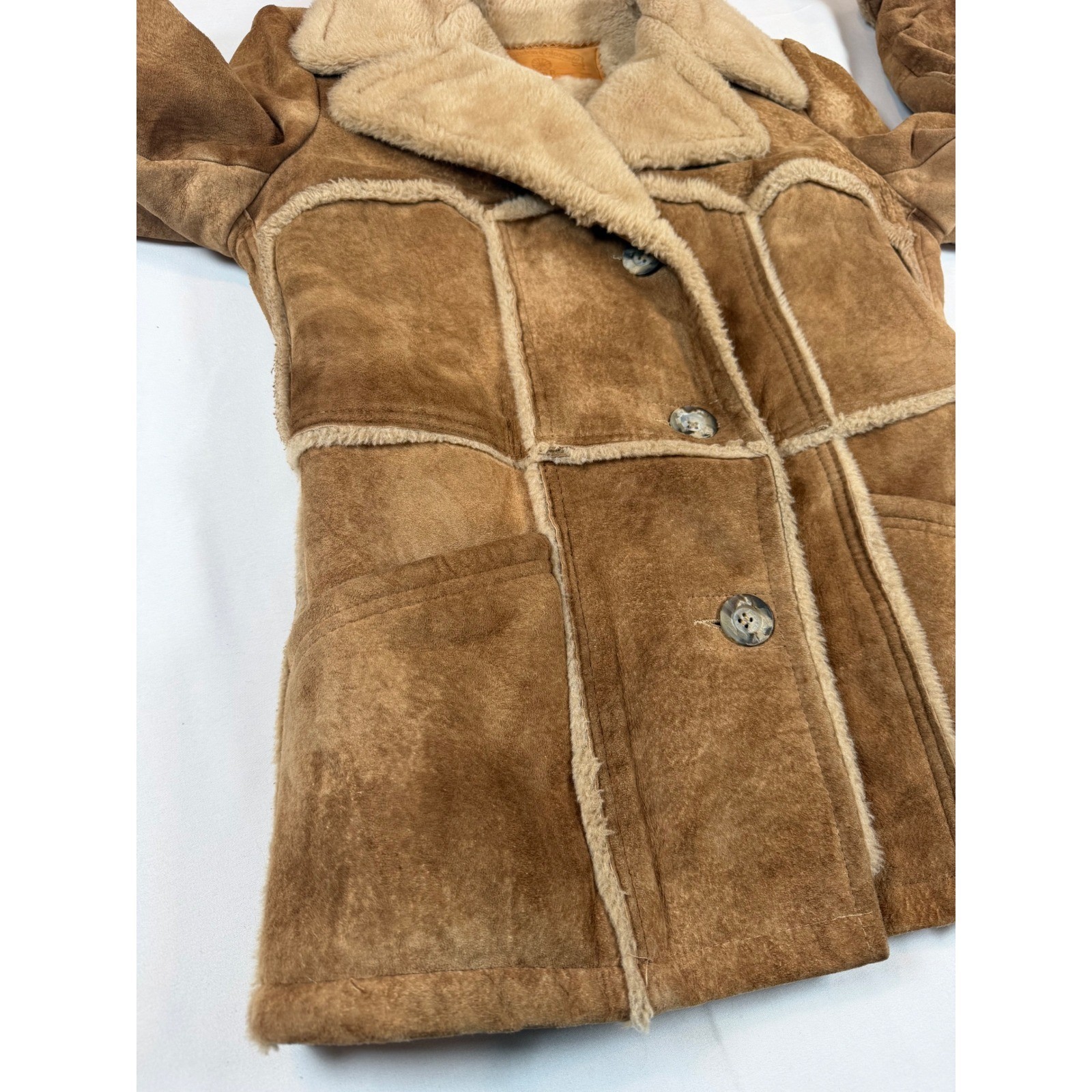 Vtg William Barry Brandon Colorado Suede Shearling Jacket Tan Brown Penny Sz XS
