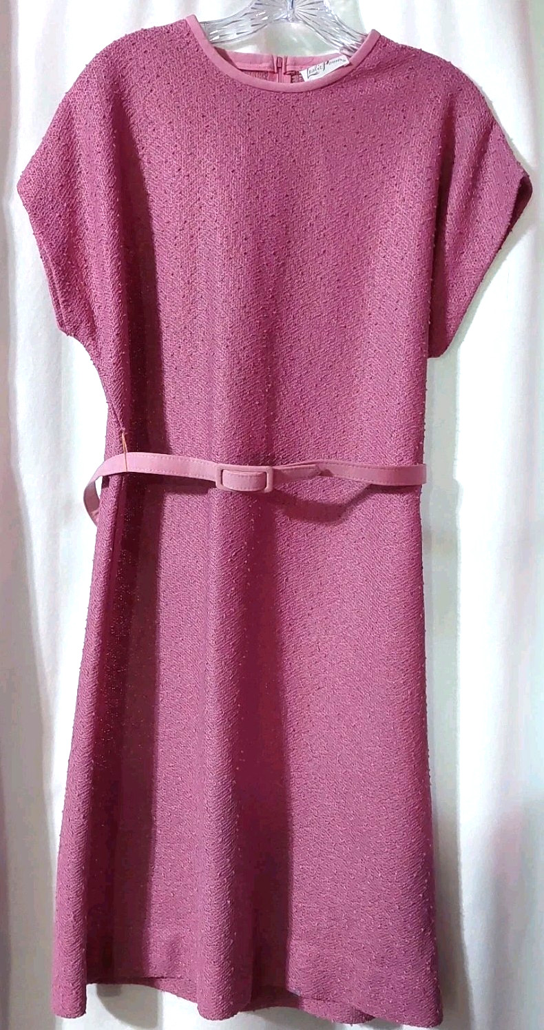 Leslie Pomer Pink Sleeveless Dress With Jacket Size 14 B 1960 Belted READ