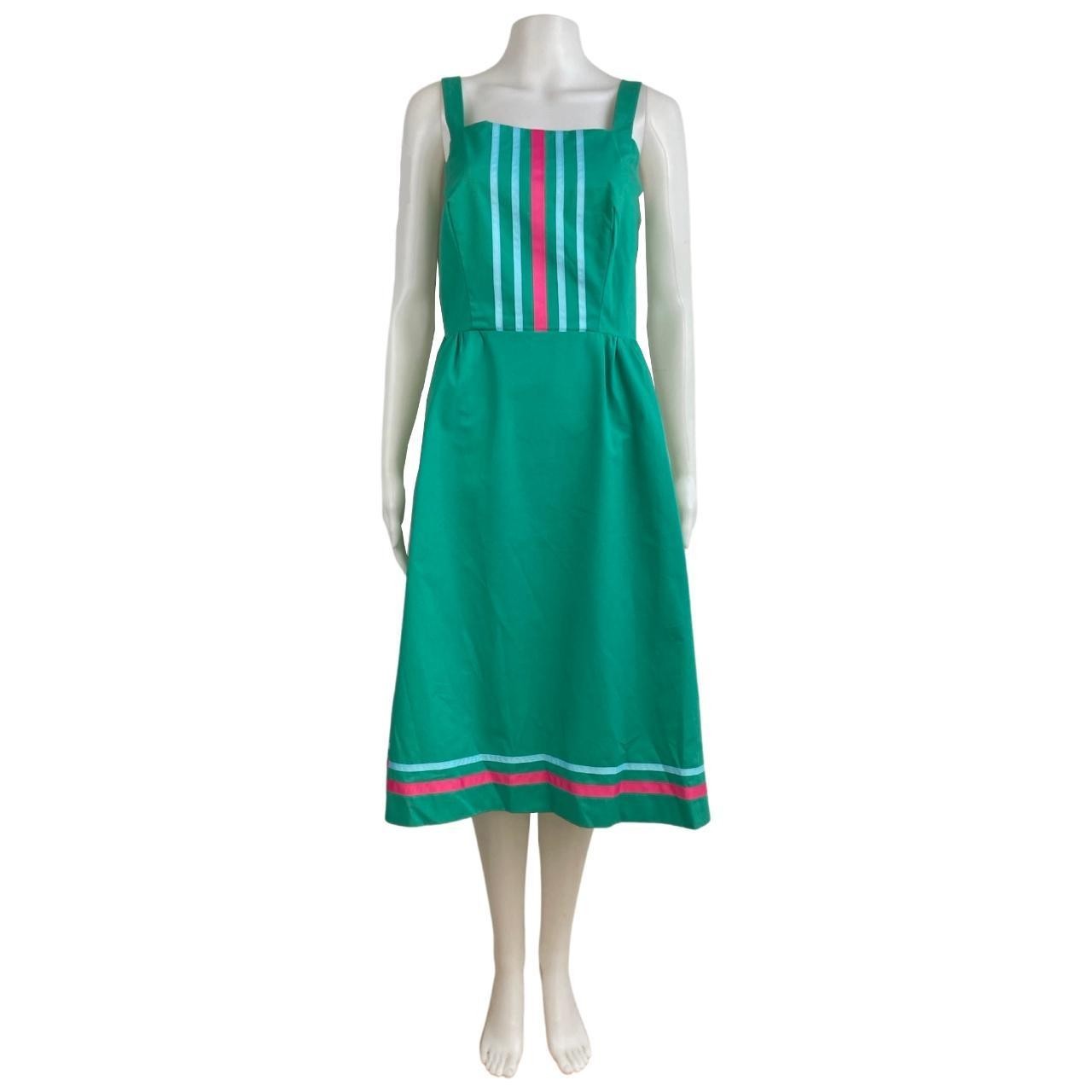 Vintage Cotton Sundress Size Small 1970s Teal Striped Sleeveless A-Line Pockets