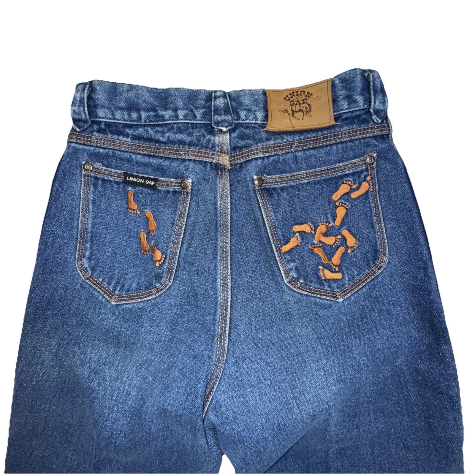 Vintage 70s Union Gap Wide Leg Jeans Footprint Stitching Embroidered 26×30