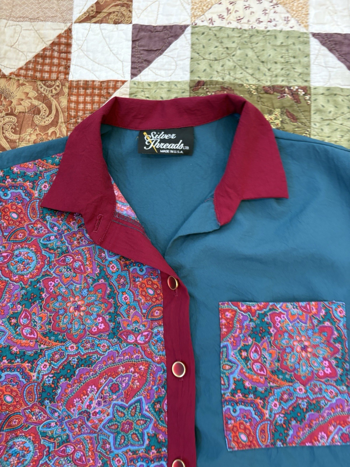 vintage Silver Threads Ltd. button-up shirt vibrant teal and paisley pattern