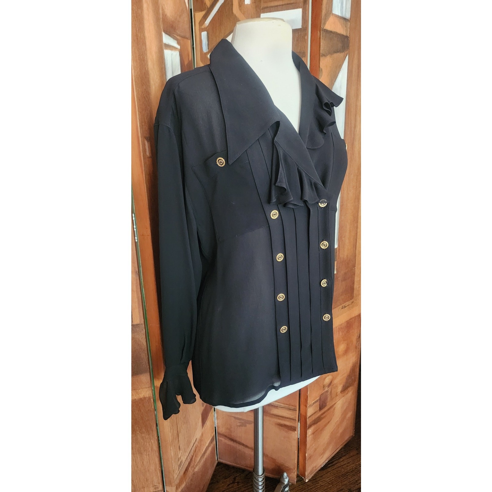 Vintage 80s Karl Lagerfeld Blouse Black Silk Ruffled Front Poet Shirt Semi-Sheer