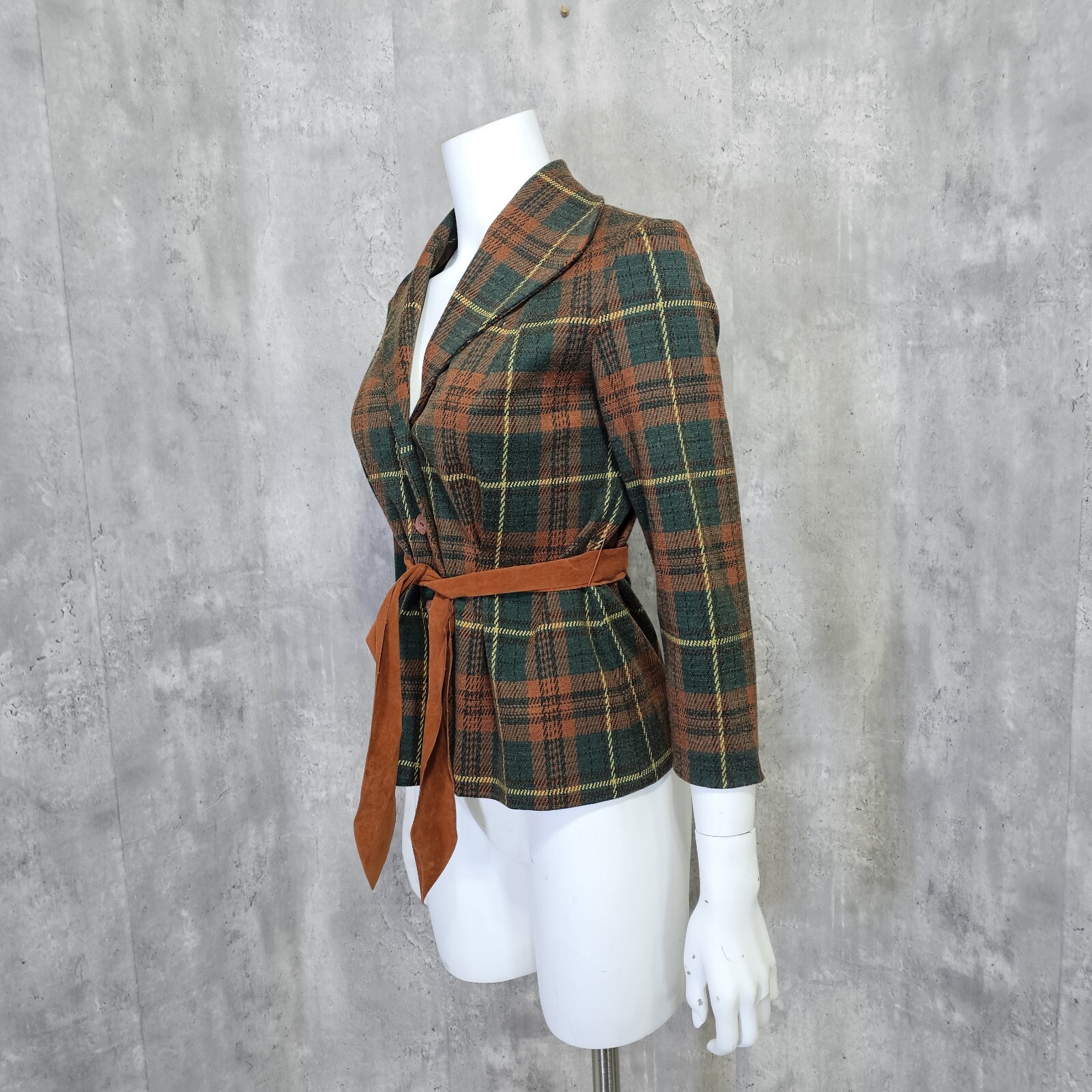 Vintage 70s Donovan Galvani Dallas Dbl Knit Polyester Brown Green Plaid Blazer
