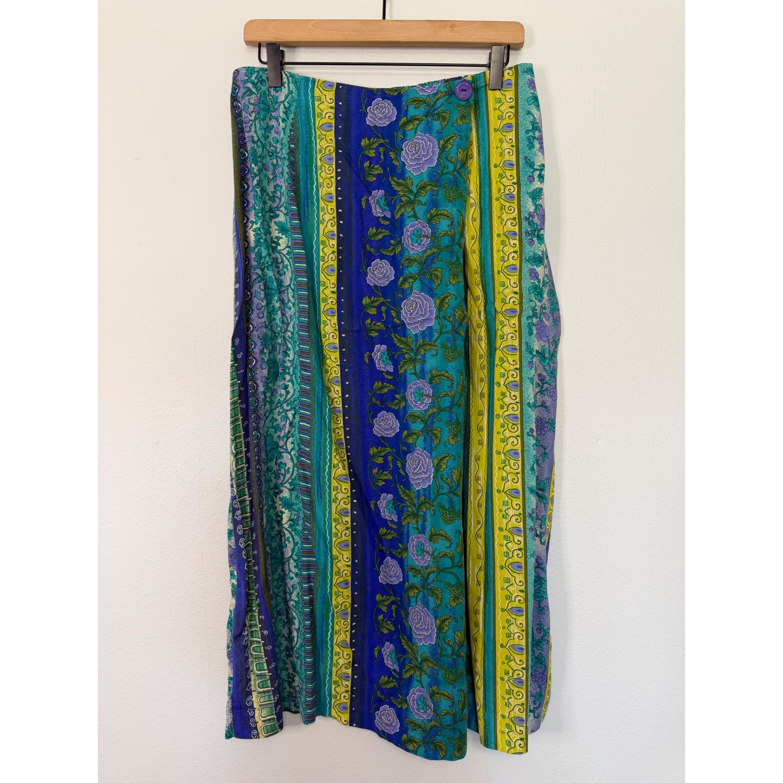 Vintage Bentley Plus – Colorful Faux Wrap Rayon Midi Skirt Made in Mexico Sz 16
