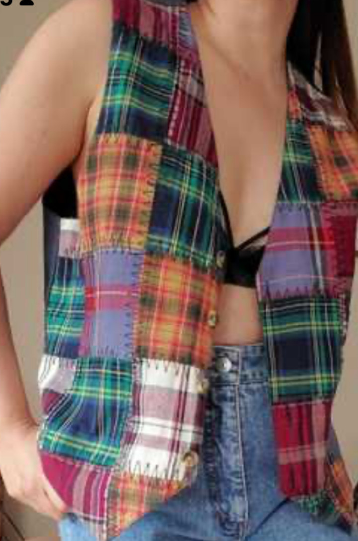 Vintage Patchwork Plaid Vest Victoria Jones Boho Retro Sz 18/38 Minimalist