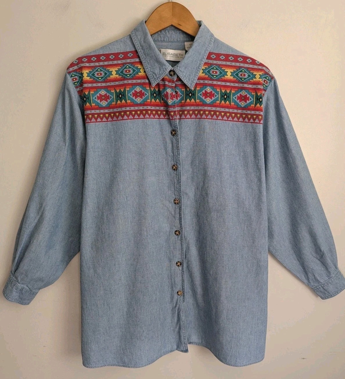 90s Womens Blue Chambray Shirt Aztec Tribal Boho 16P Western Cowgirl Button Up