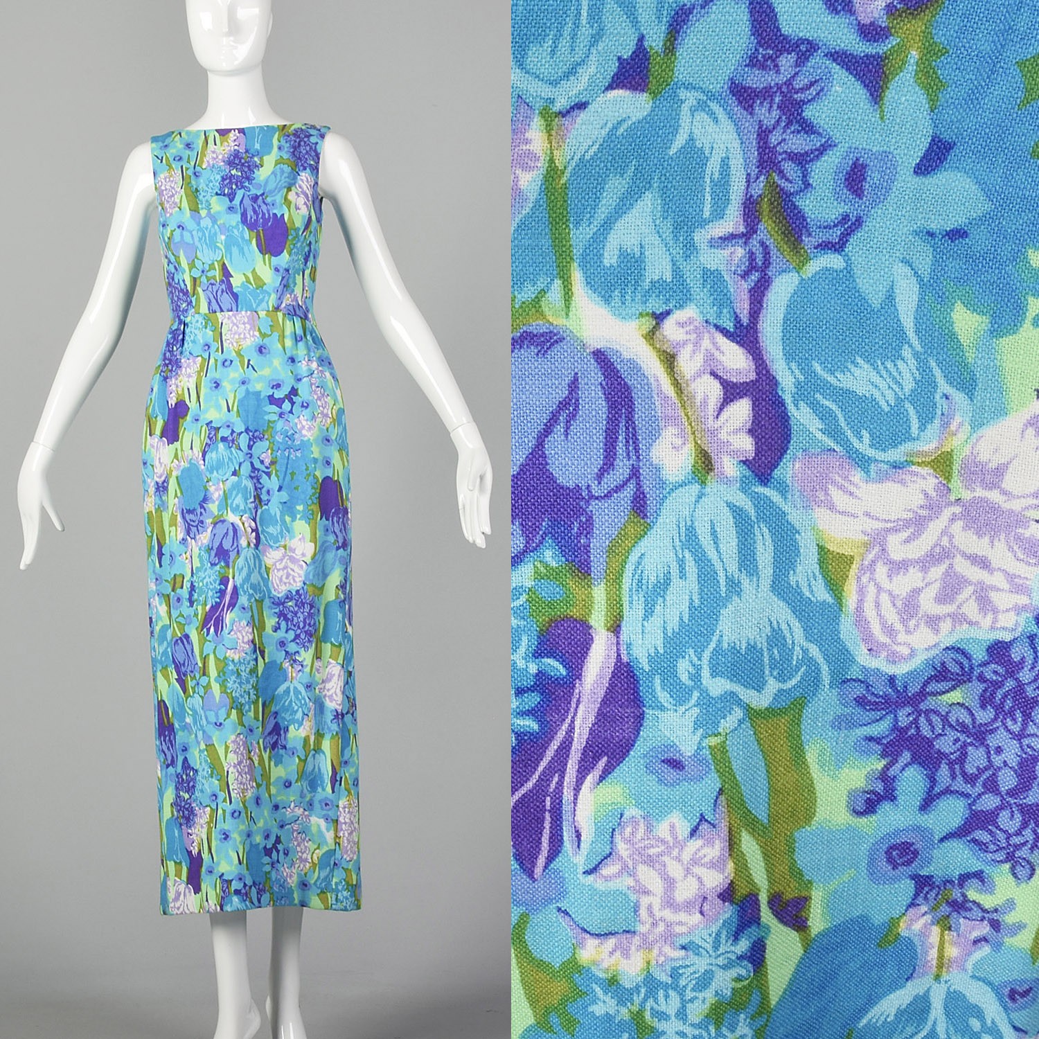 XS Maxi Dress 1960s Blue Purple Floral Bow Modest Prom Semi Formal Gown 60s VTG