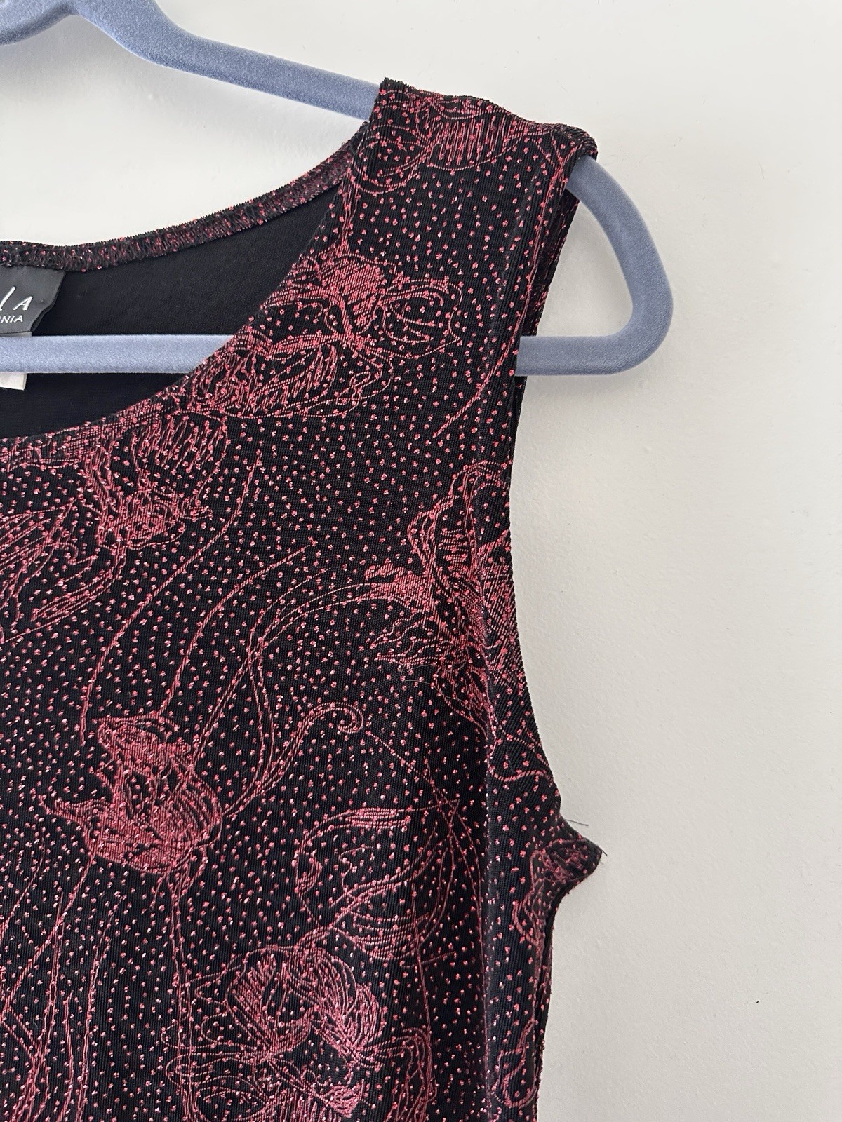 Vintage 90s JKLA Black & Red Glitter Floral Slinky Tank Top Women’s Sz Med Party