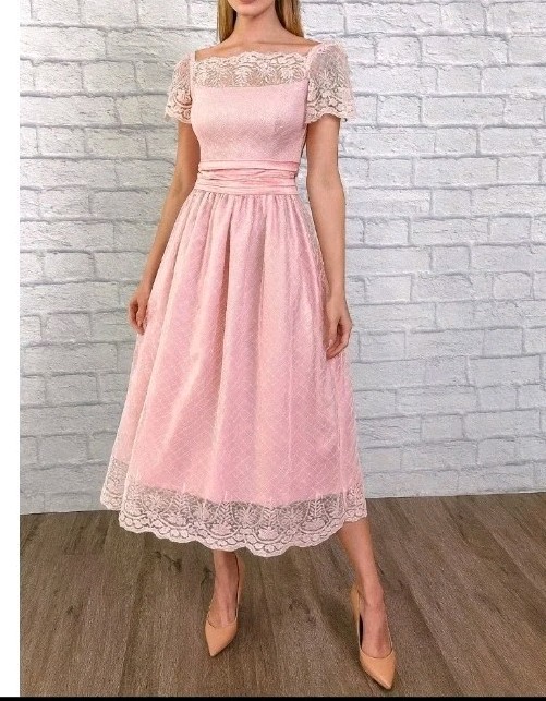 Vintage ILGWU Pink Dress Lace Over Floral Puff Sleeve Women’s 7/8 Midi Dress