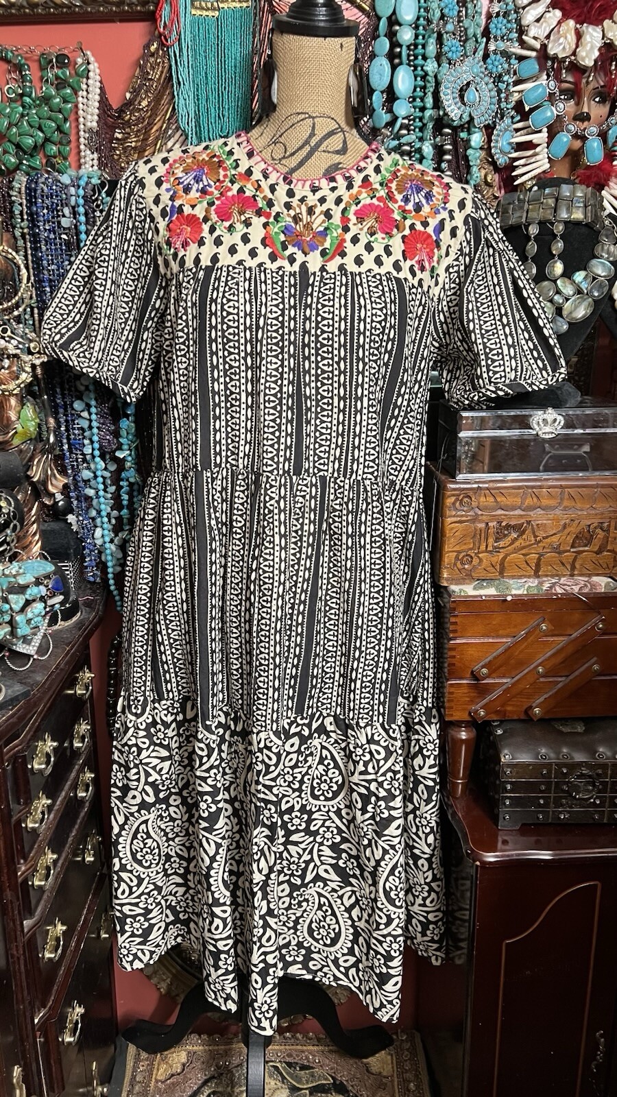 Beautiful “Sister Mary” Black And White Floral Multi Color Embroidery Oaxacan ML