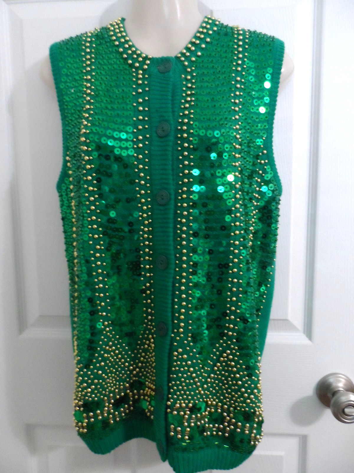 VINTAGE CIRCA 1990’S WESTERN CONNECTION GREEN BEADS SEQUINS KNIT SWEATER VEST M