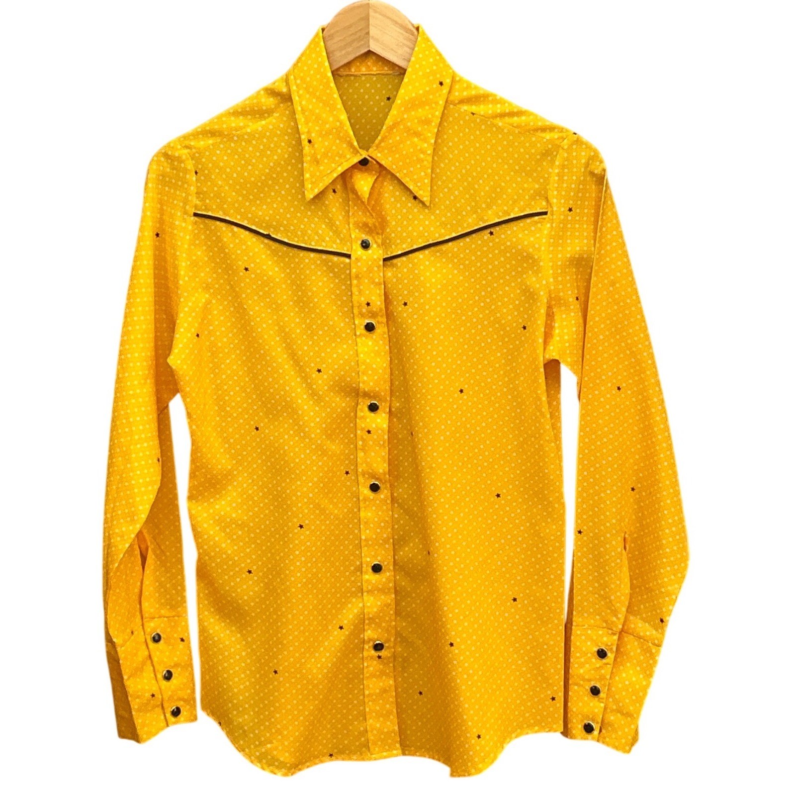Vintage 70s Western Shirt Star Print Cowboy Cowgirl Rodeo Rockabilly Yellow