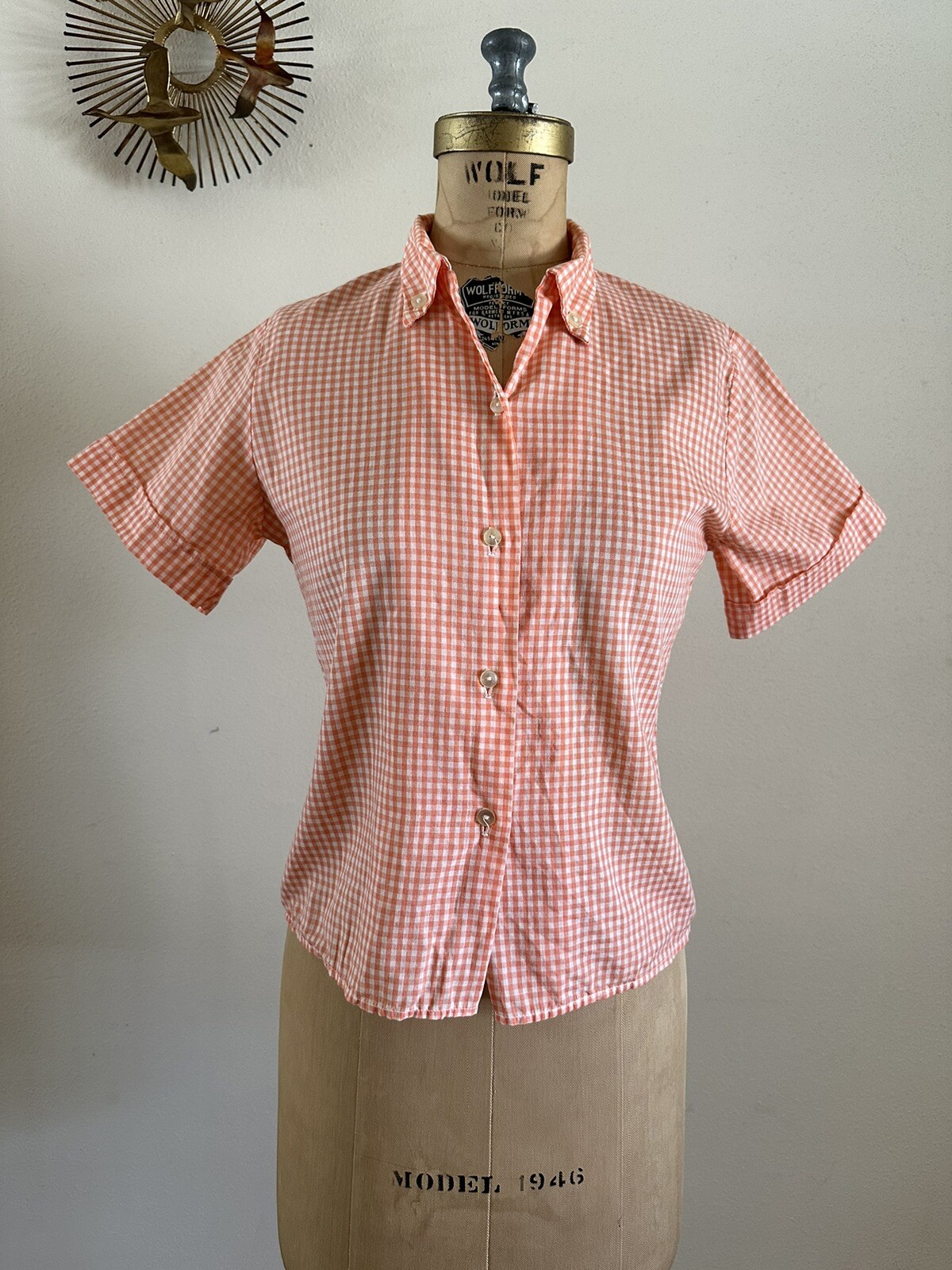 1950s Stoneswear Peach Gingham Cotton Blouse Top Shirt Western Workwear Farm VTG