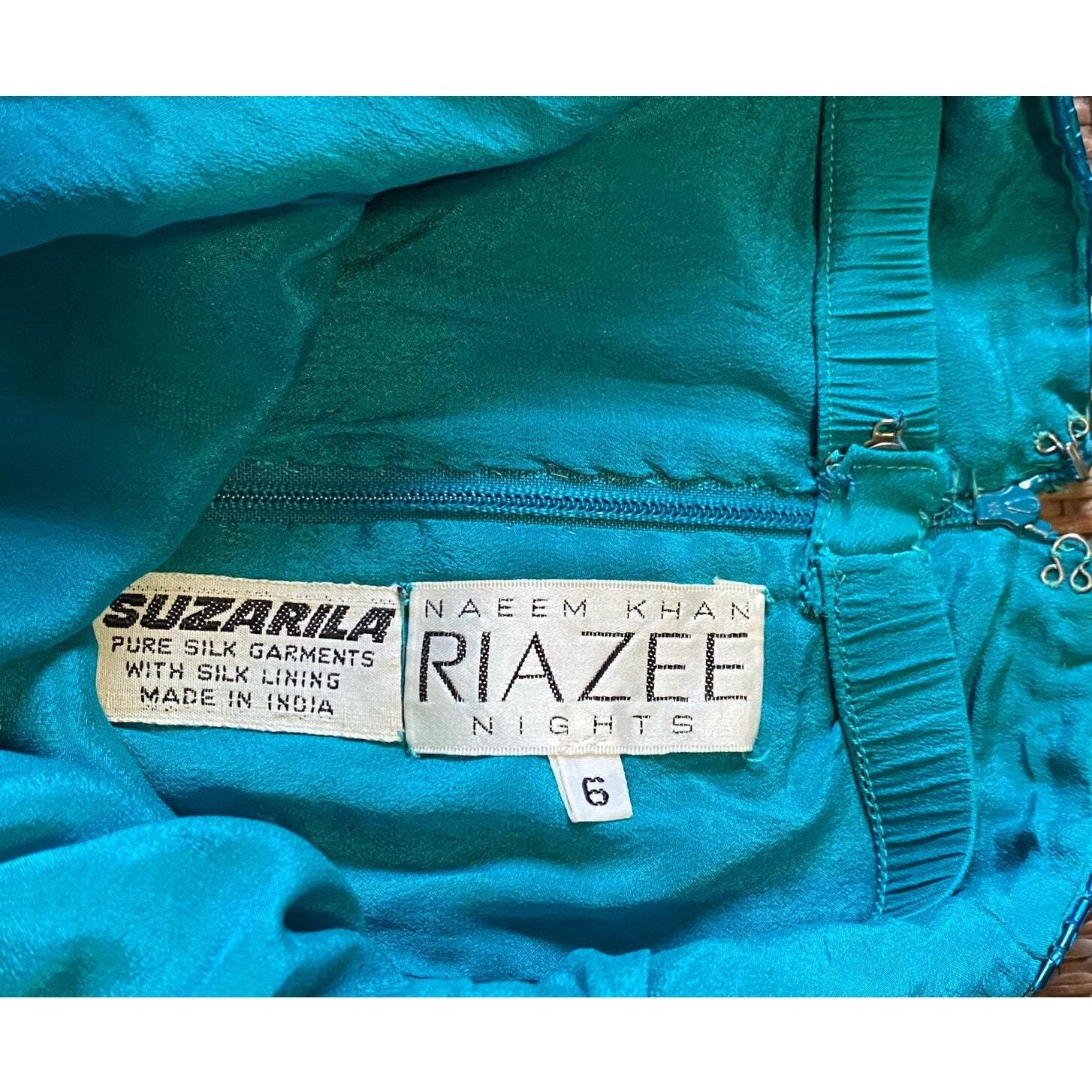Vintage 80s Naeem Khan Riazee Nights Beaded sequined Teal 100% Silk Gown size 6