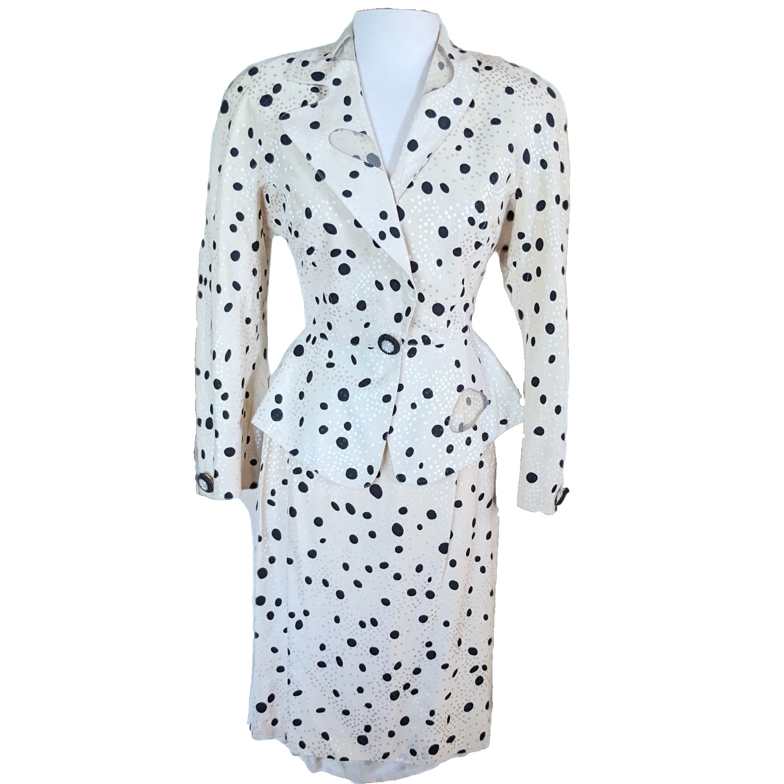 Vintage 80s Saint Romei Neiman Marcus Silk Polka Dot Peplum Skirt Suit