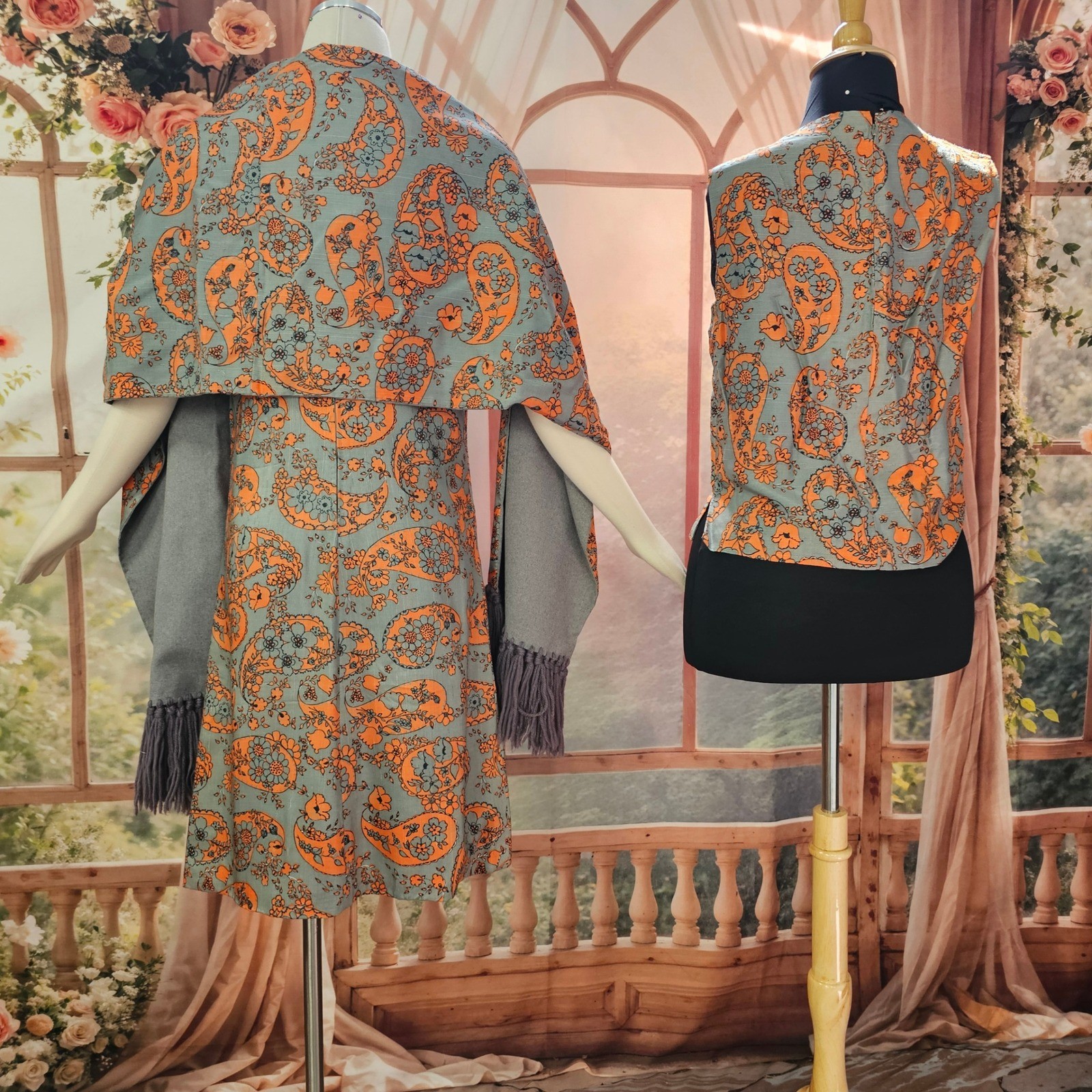Vintage 1960s Paisley Dress Set Shift Top Blouse Fringed Shawl Grey Orange Mod
