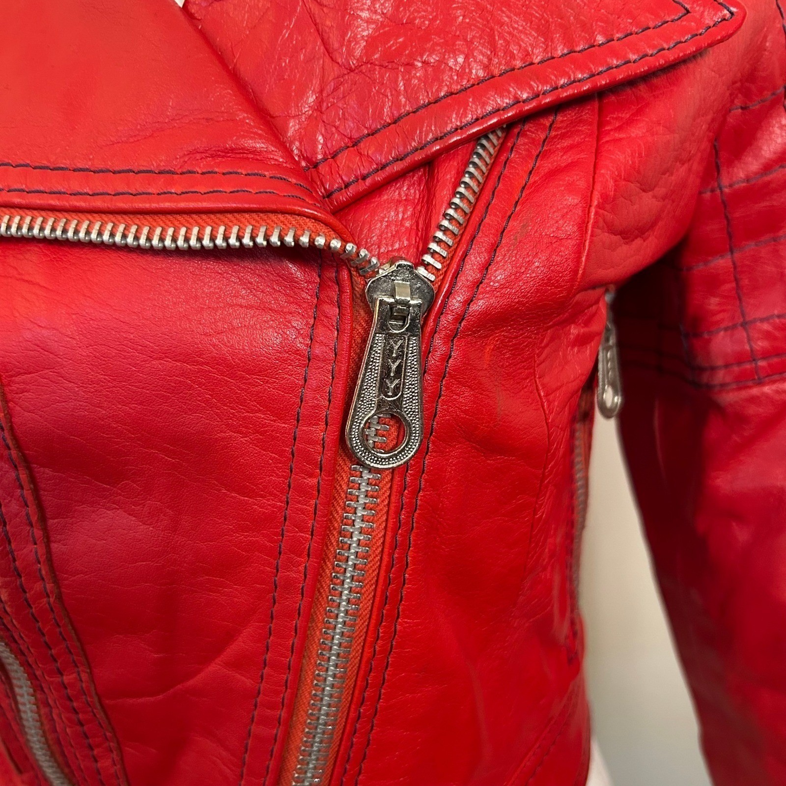 Suburban International Vintage Quilted Moto Leather Jacket Red Small Good
