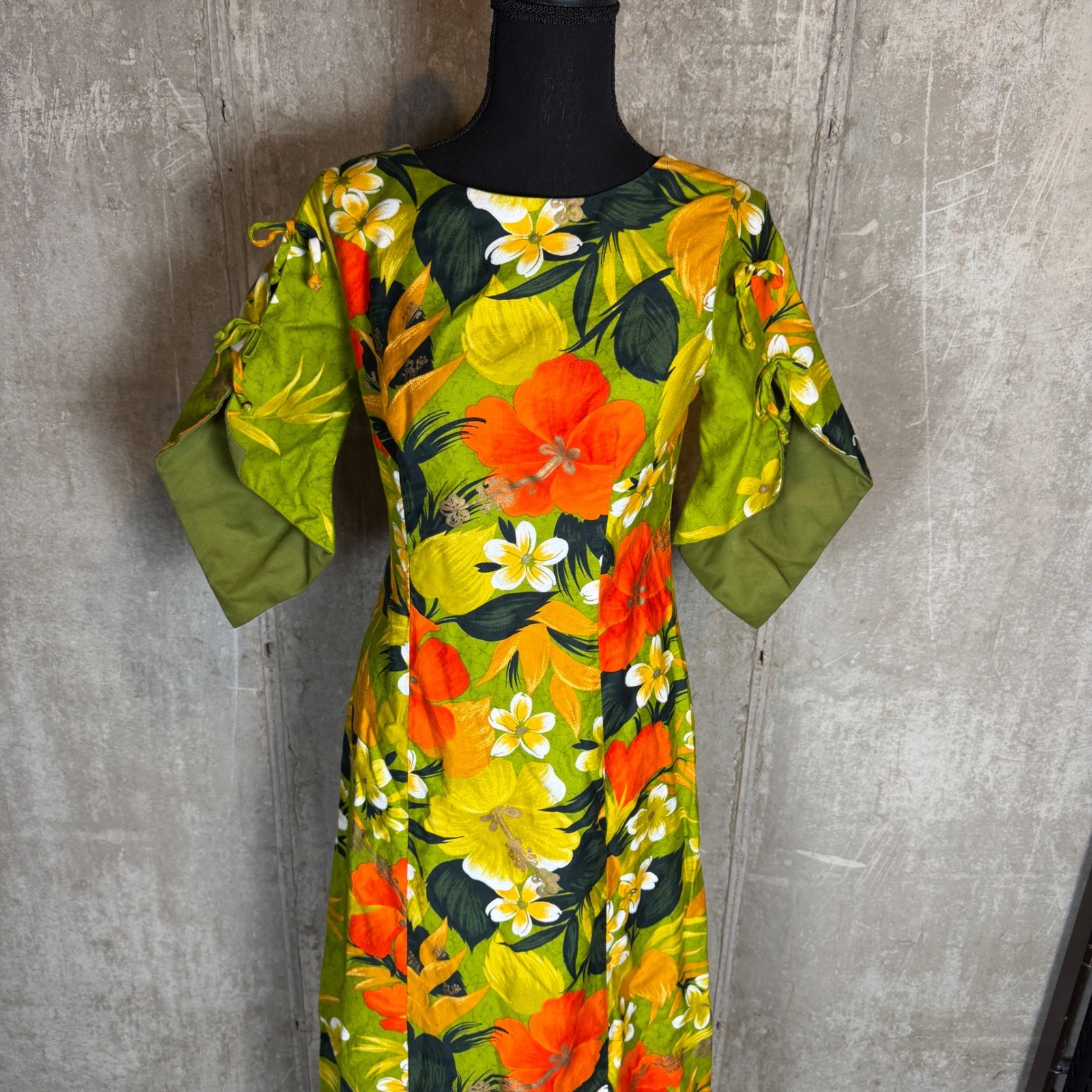 Vintage 60s Sears Hawaiian Fashions Floral Maxi Dress Green Orange Talon Zip S