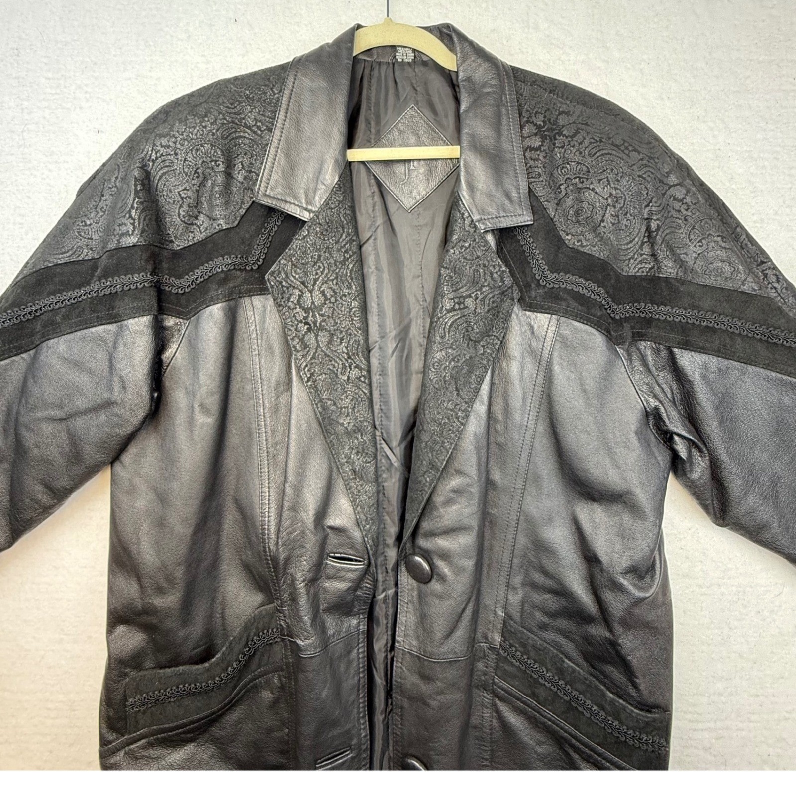 JF Leather Trench Coat Womens Medium Black VTG Retro 90s Lace Trim Western