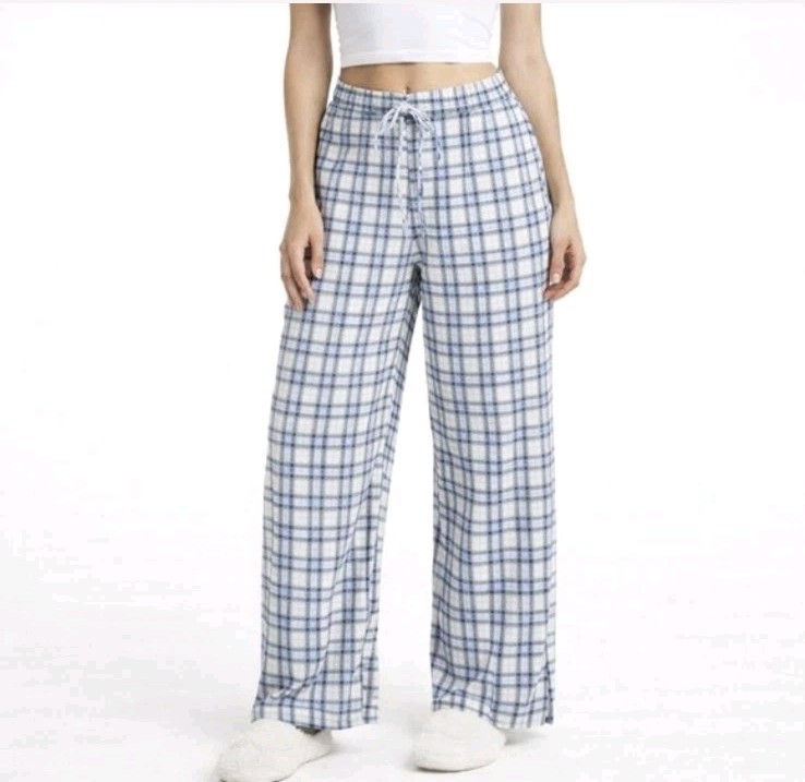 Vtg 90s Blue Plaid Wide Leg PJ Pant Sz M Classic Comfy Fall Lounge Spring Winter
