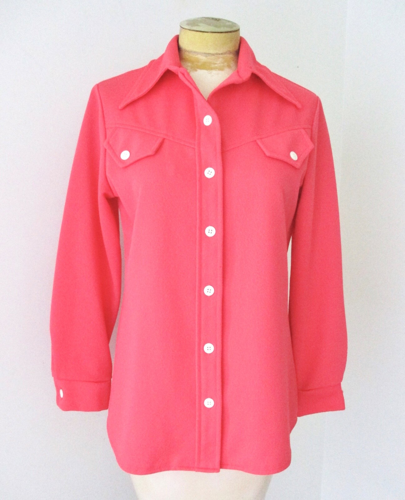 Vtg 70s Pink Textured Poly Knit Button Blouse Leisure Western Secretary Top M/L