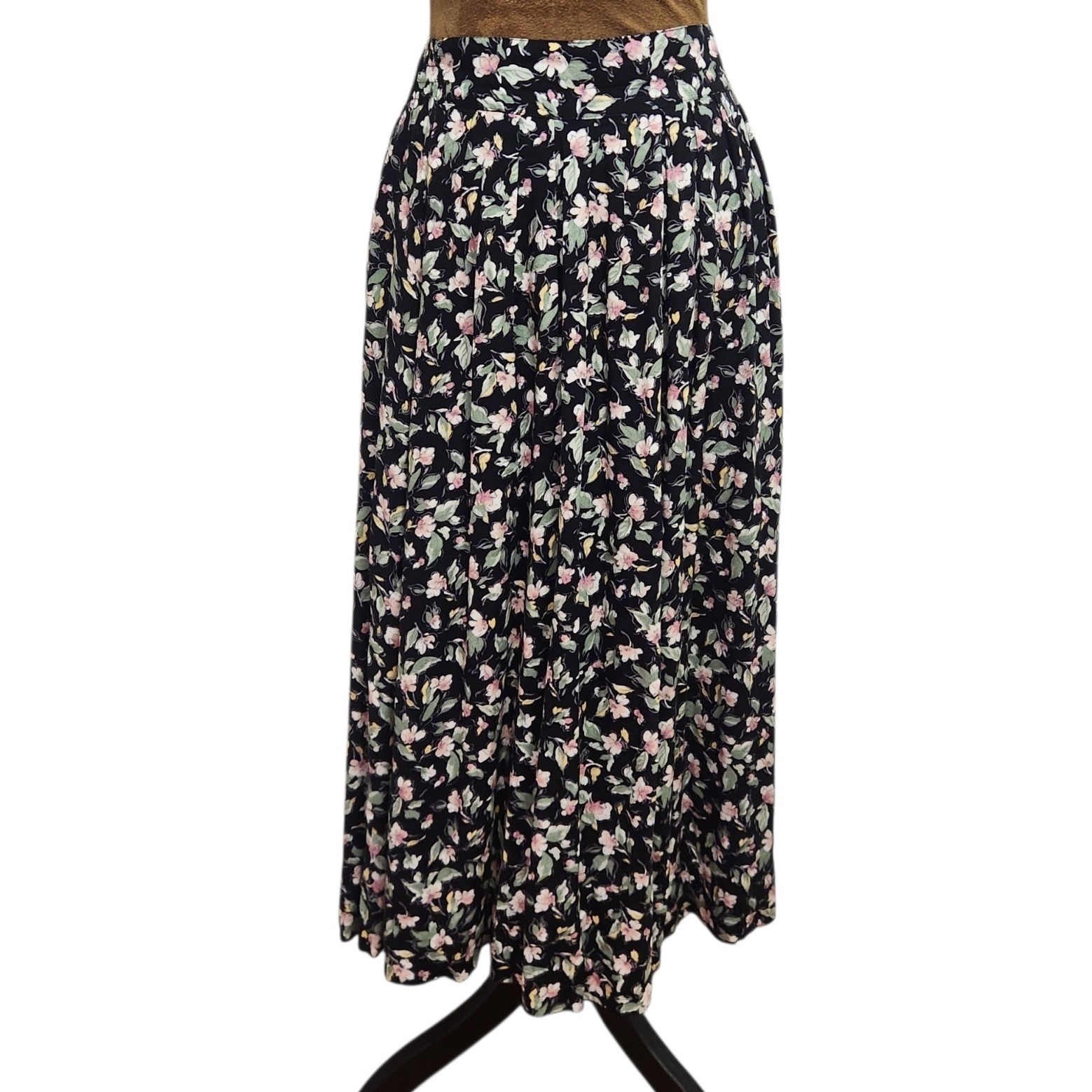 Maggie Lawrence Vintage Floral Midi Skirt Black Pink Rayon Made in USA S 90s