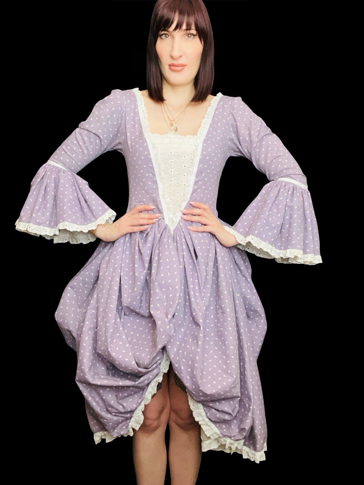 Vintage 1970s Renaissance 18th Century Rococco Floral Cotton Dress Cottagecore