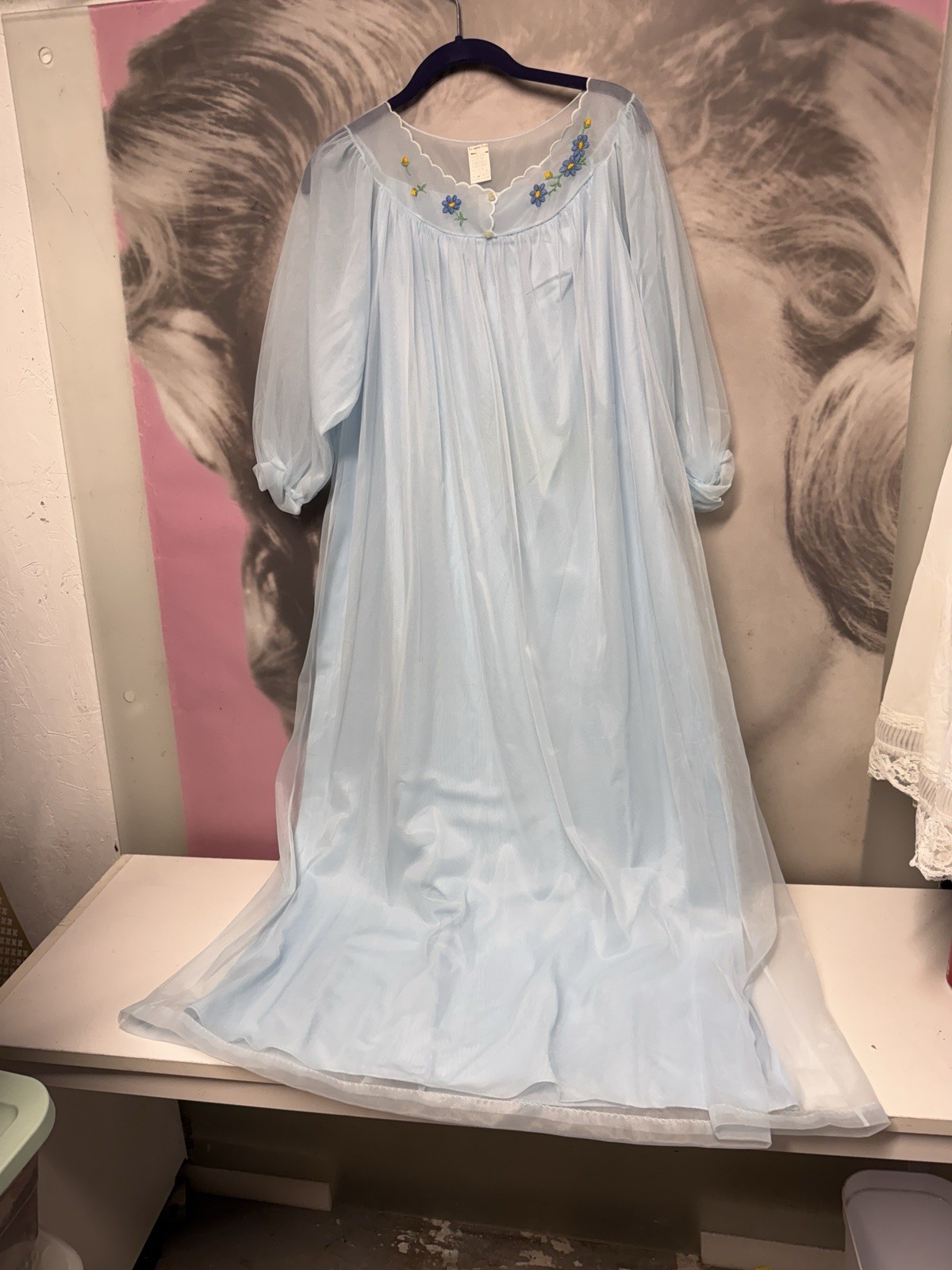 Vtg Shadow Line? Nightgown (M) Blue Silky Chiffon Nylon USA Long