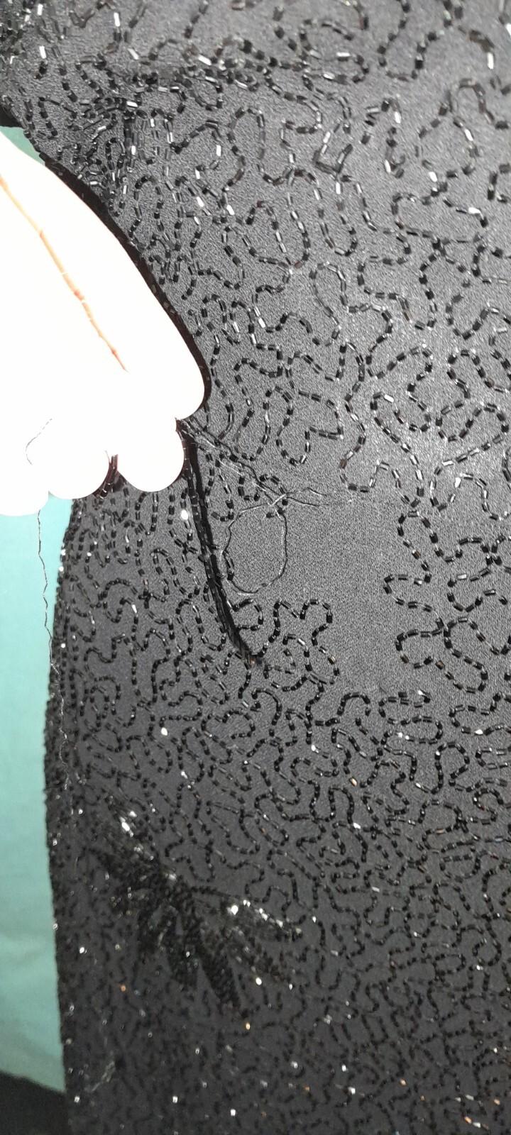 Vtg 1940s Rayon Crepe ENCRUSTED Beaded Black Evening Cocktail Long Sash Dress M