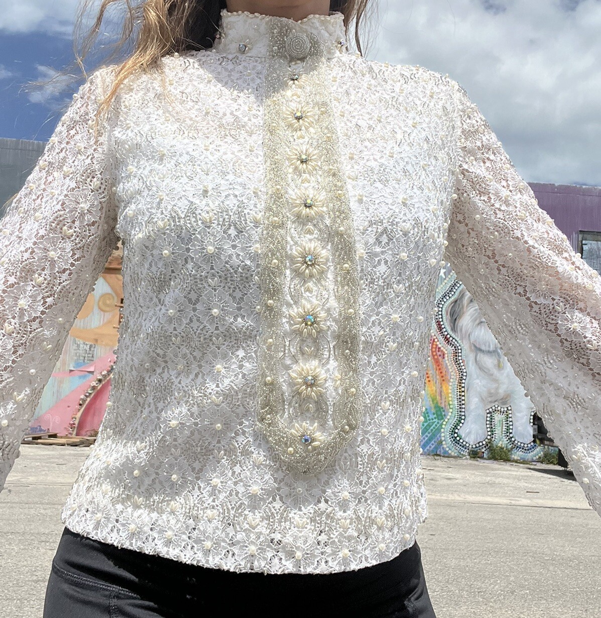 Rare 60s Vintage Valentina Designer Pearl Beaded Collared White Top Shirt