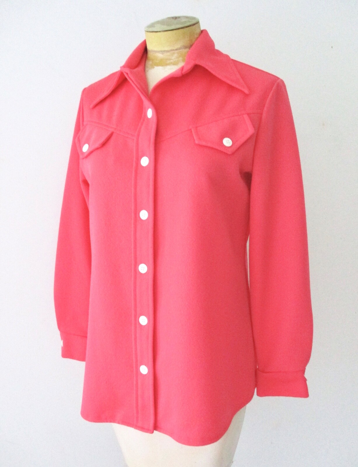 Vtg 70s Pink Textured Poly Knit Button Blouse Leisure Western Secretary Top M/L