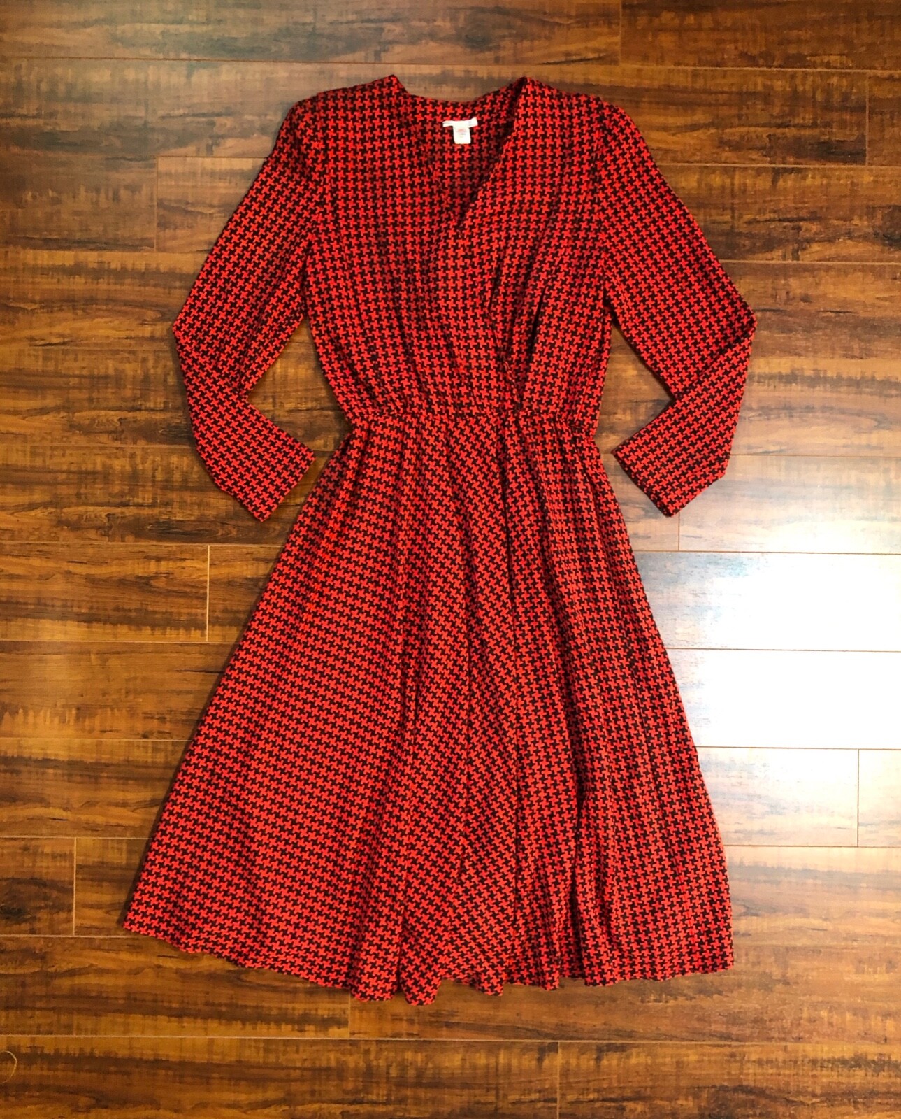 Vintage 90s MOD Retro Plunging Neck Black / Red Houndstooth Secretary Dress 12 L