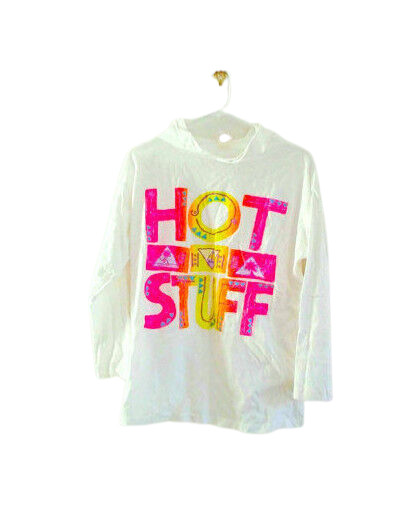 Hot Stuff 90s VTG Surfer Hoodie Sweatshirt 3/4 Sleeve White Cotton Neon Spots