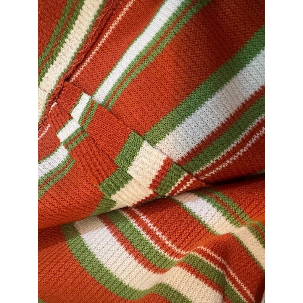 Vintage Mock Turtleneck Top M Striped 1970s Zip Ribbed Knit Poly Orange Green
