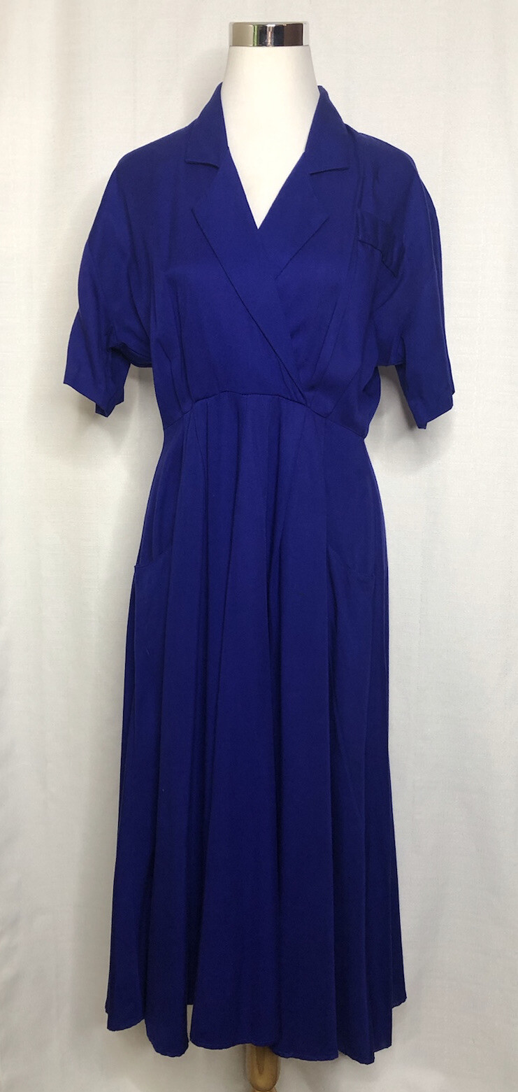 Vintage Rabbit Designs Shirt Dress Size 4 Cobalt Blue Belted Midi Short Sleeve