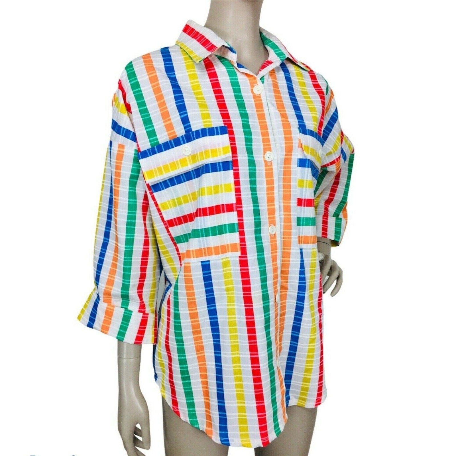 Vintage 60s 70s Jon Woods Rainbow Striped Collared Button-Down Shirt Medium