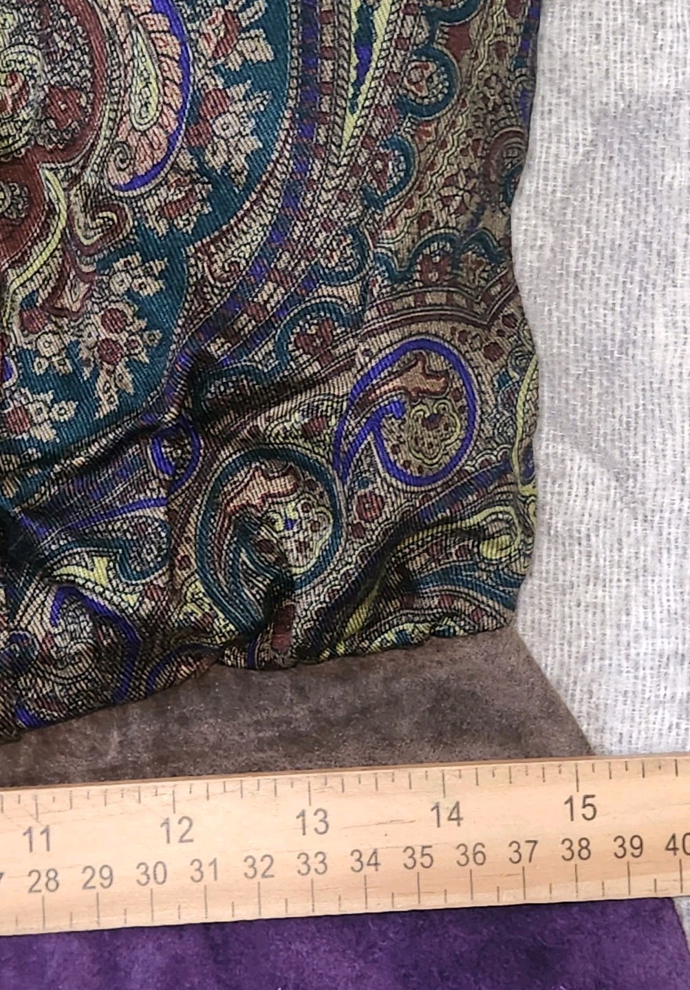 Vintage 80s Dress Green & Purple Paisley Blouson Secretary Faux Suede Accents