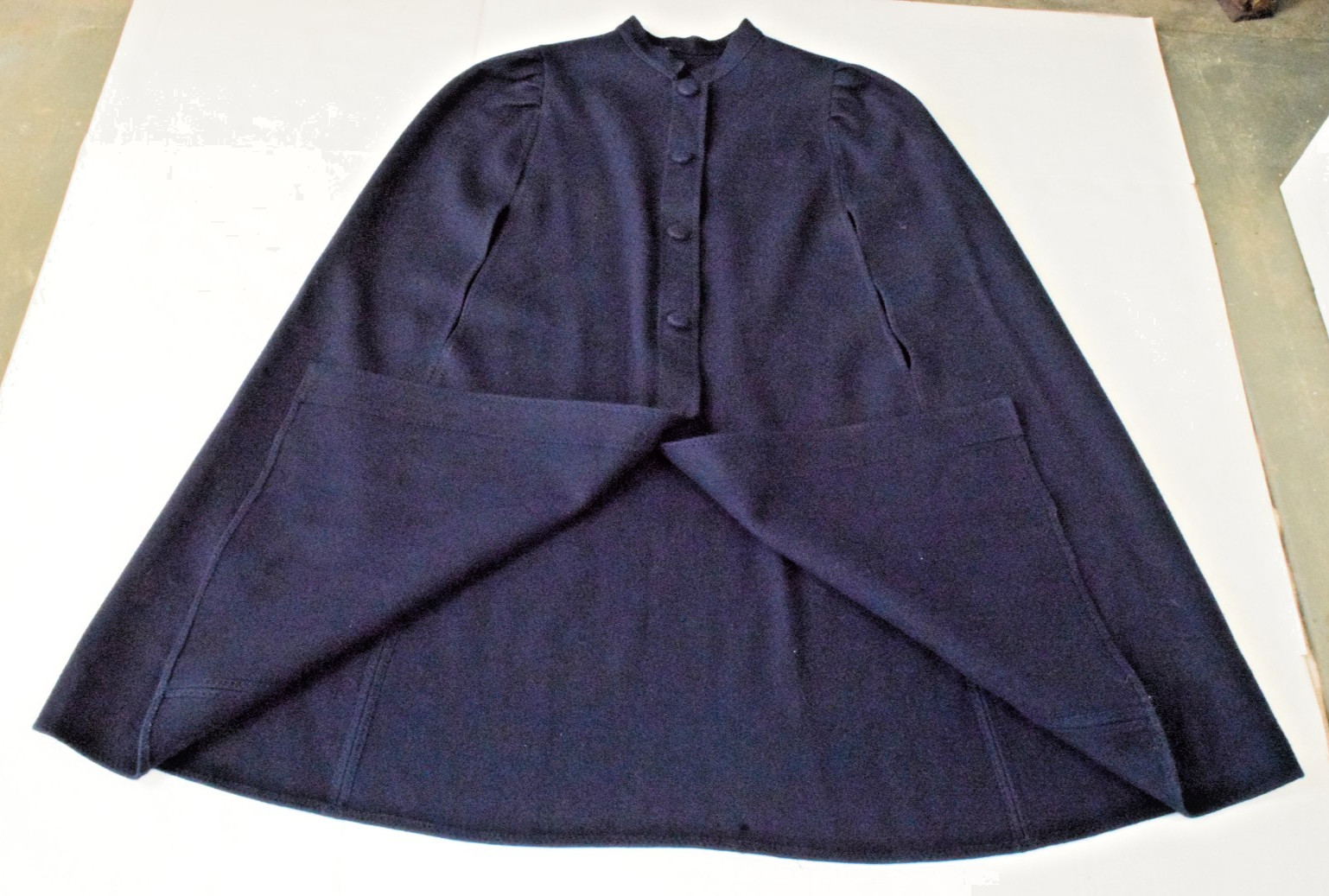 Vintage Cape Coat 1950s Navy Blue Wool Pleated Shoulders No Collar