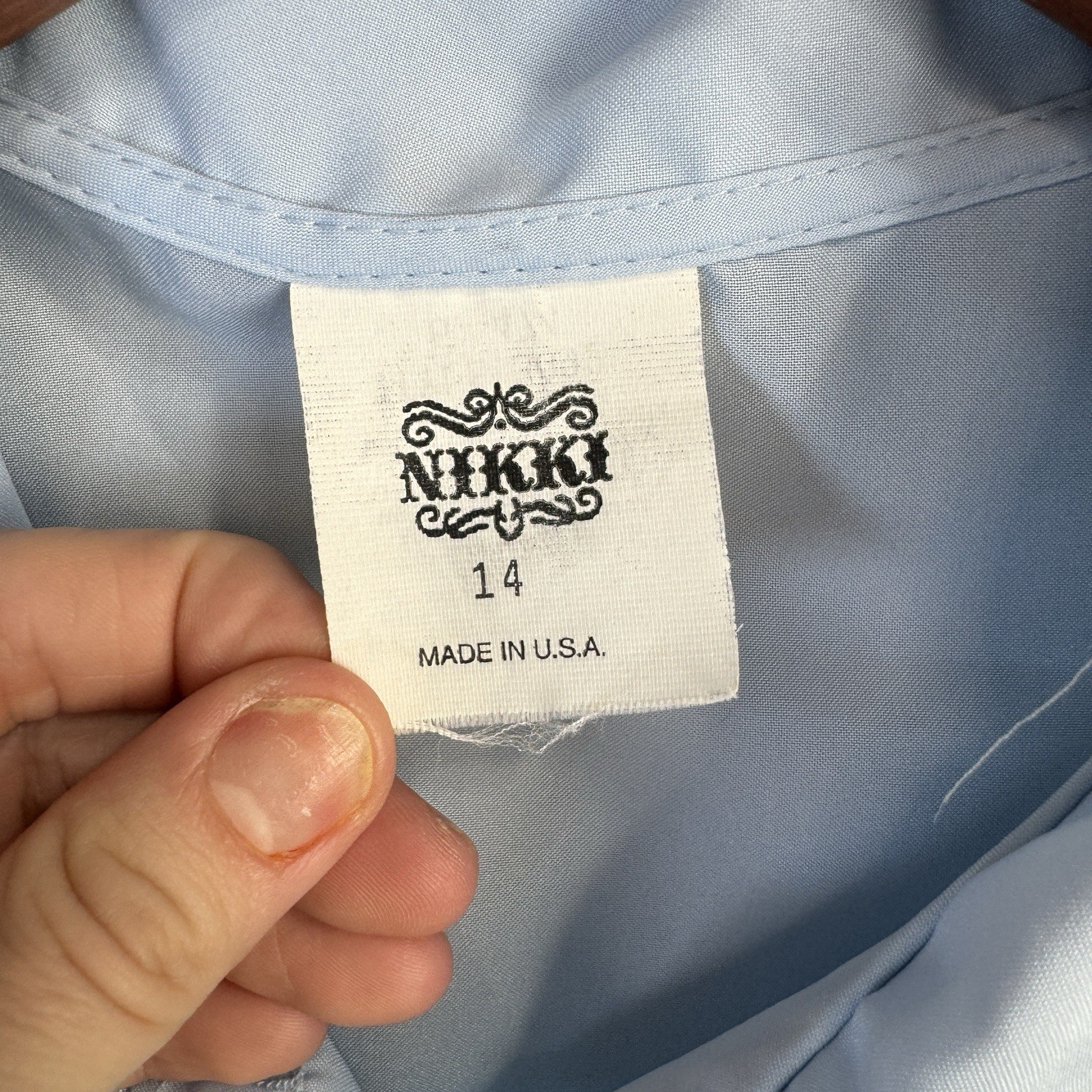 VTG Nikki Size 14 Light Blue Short Sleeve Blouse Eyelet Lace Collar Made in USA