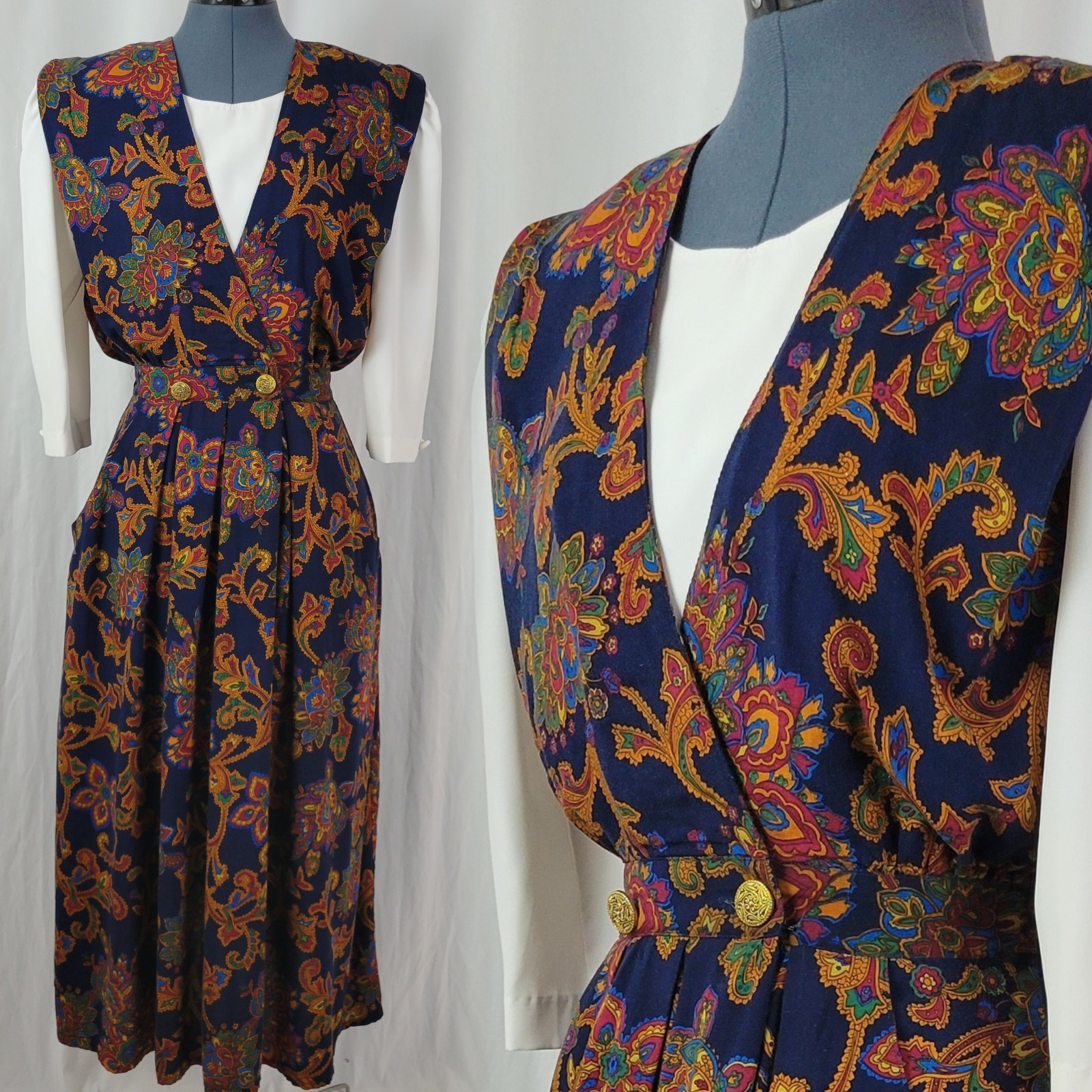Vtg RJ Steven Navy Blue Paisley Print Blouson Dress w Faux Underblouse Size 6