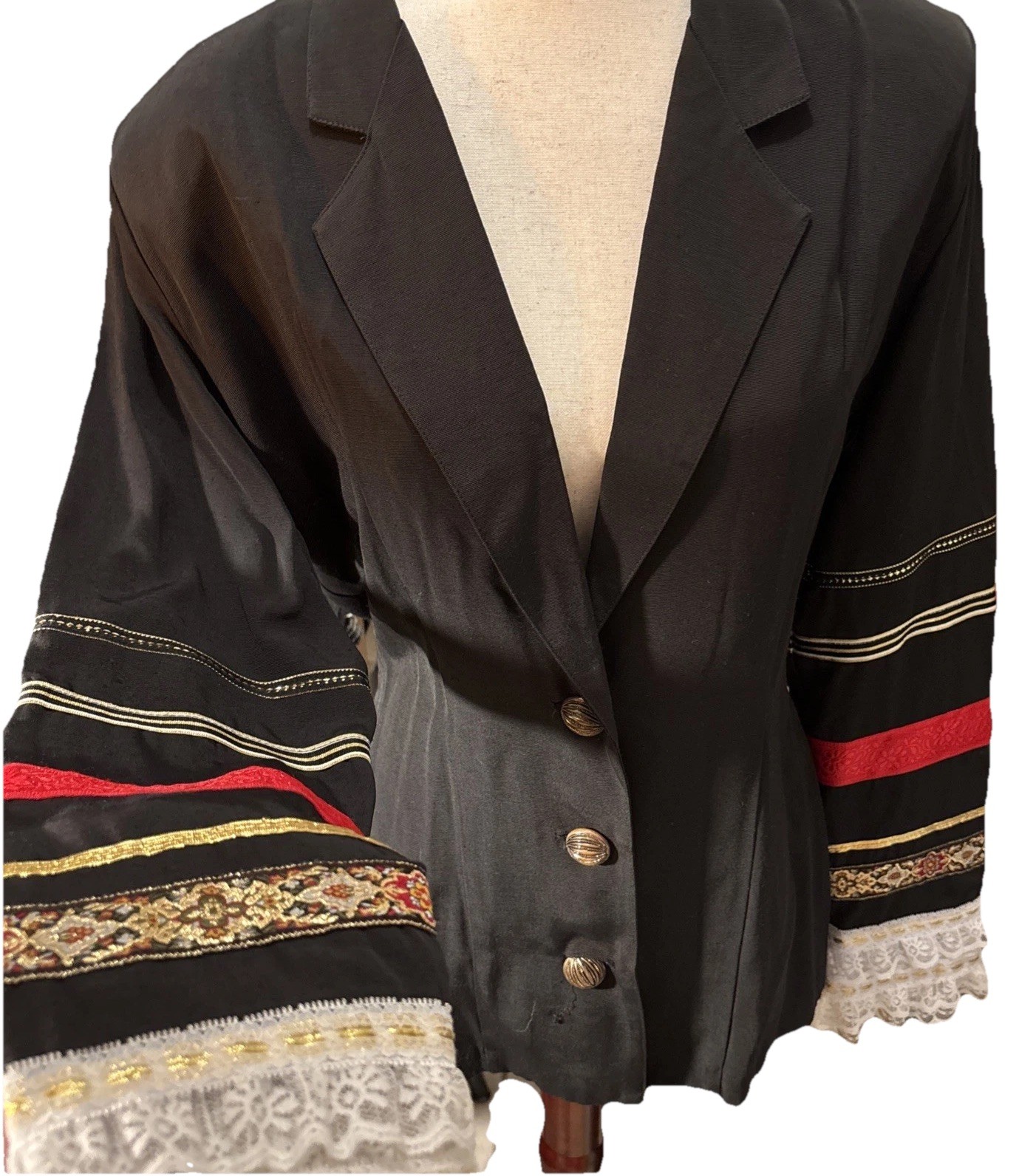 Vtg 1980s RARE Francine Browner BLK Romantic Goth Blazer Gold Lace Tapestry M