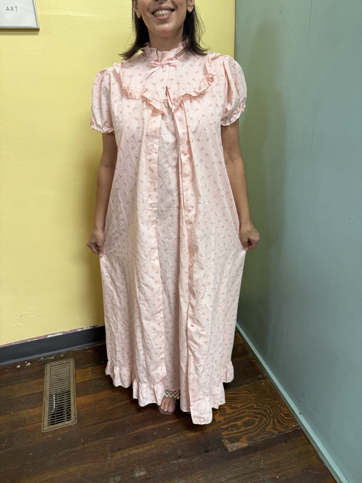 Vintage 80s Ballet New York Peachy Pink Nightgown & Robe Set M